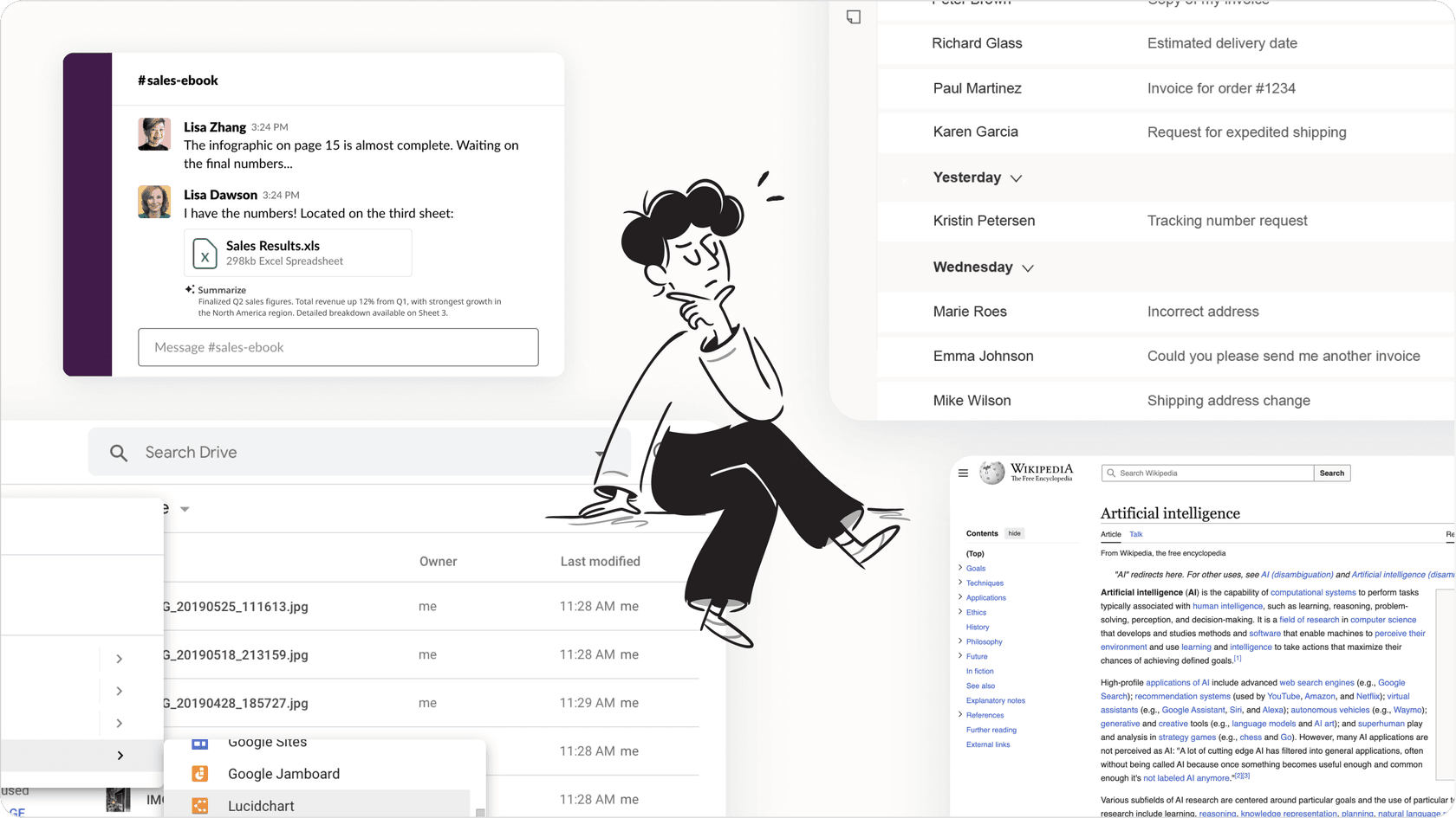Screenshot collage showing various sources where internal knowledge might be stored before being consolidated into an internal knowledge base, including shared drives, email, and chat logs. 
