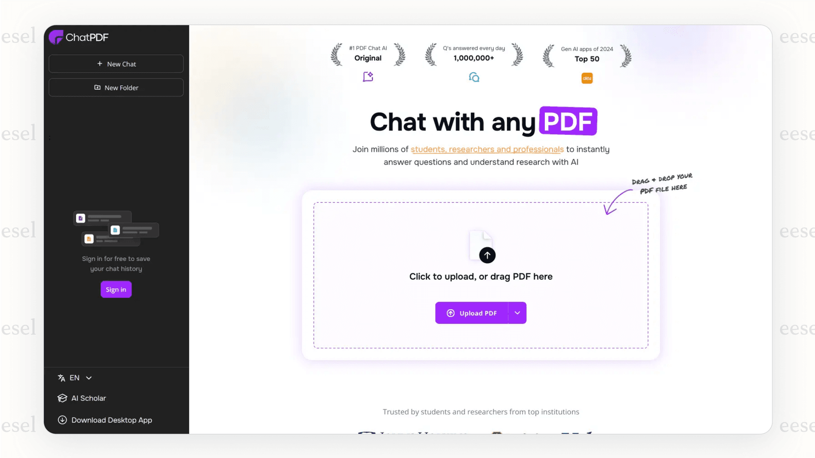 The ChatPDF homepage showing a large box that says "Drop PDF here" to illustrate how simple it is to use this PDF AI tool.