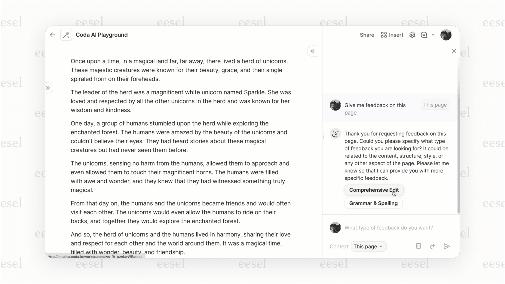 A screenshot of the Coda ai Chat feature answering a user's question about task ownership by scanning the content of the current document.
