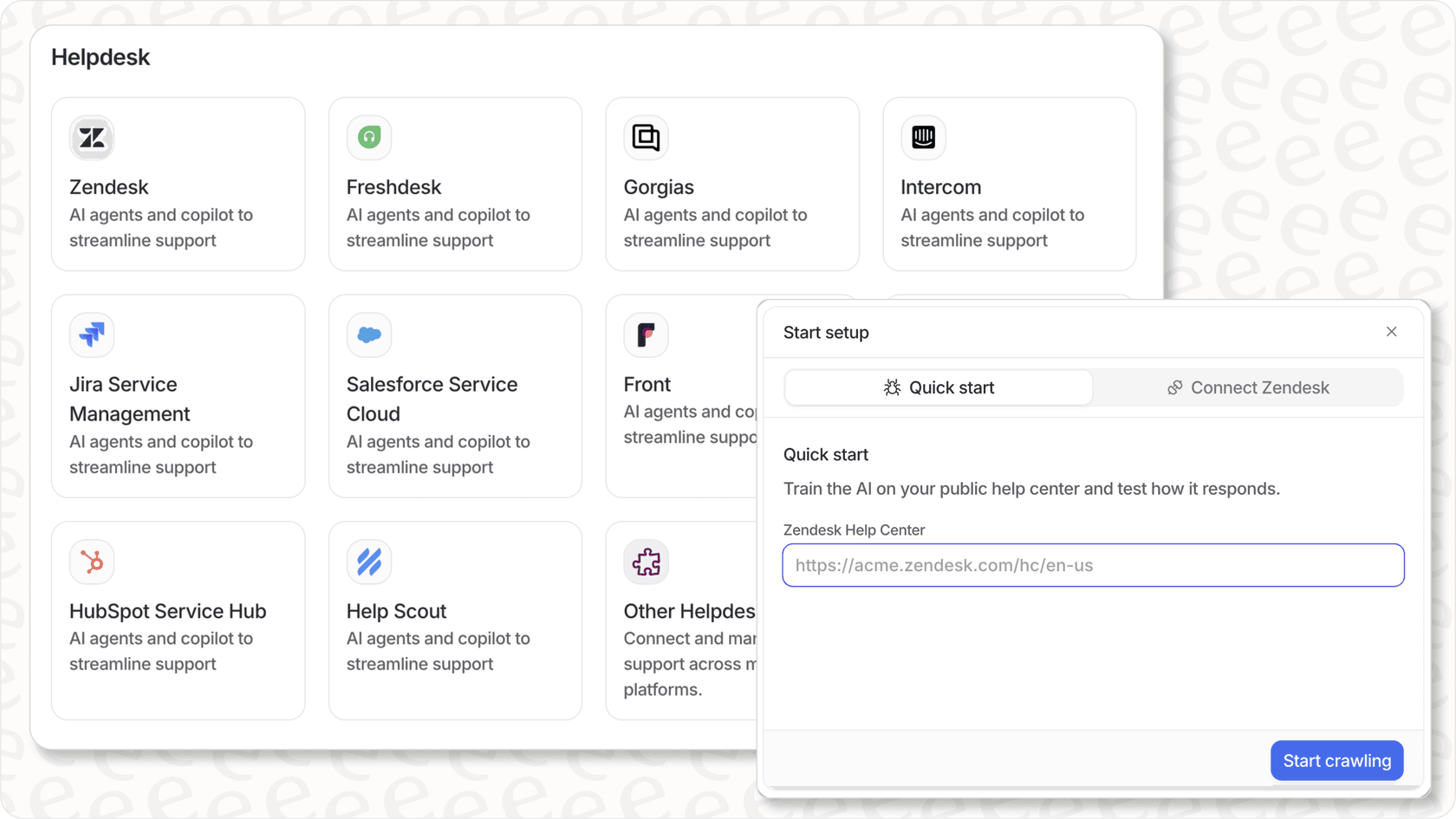 Screenshot of eesel AI dashboard showing helpdesk integrations for contact center AI.