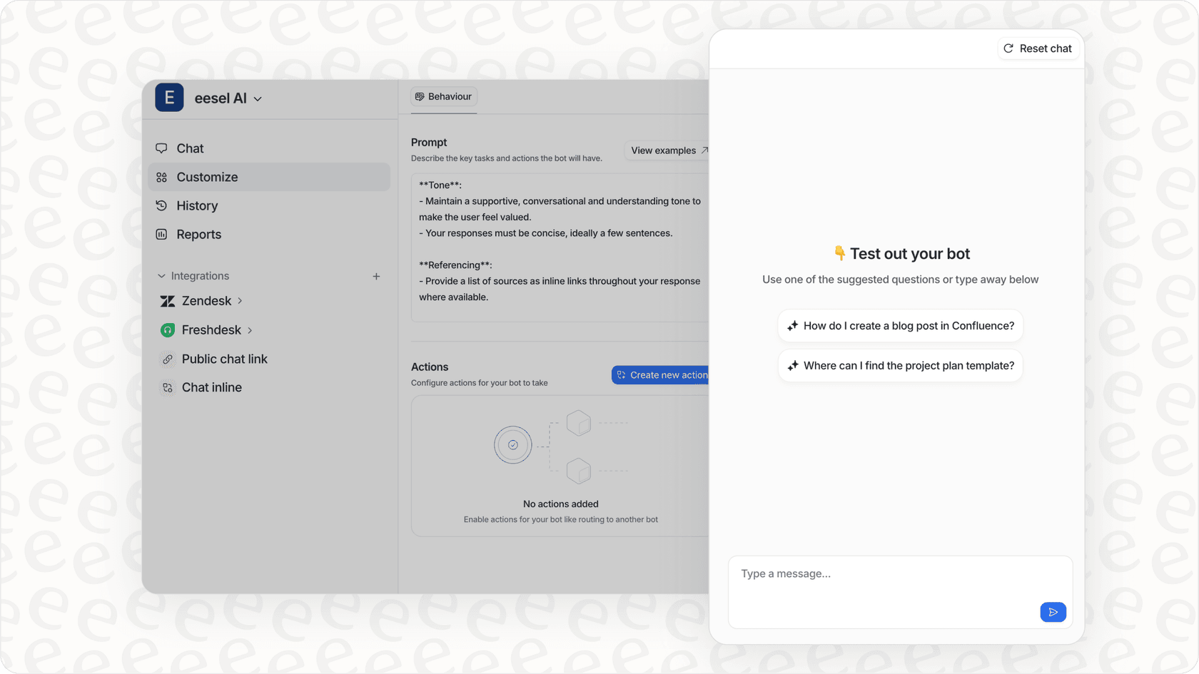 Screenshot of the eesel AI dashboard showing the feature for testing and fine-tuning AI bot responses using past tickets, a key advantage over platforms with limited testing like Sierra AI.