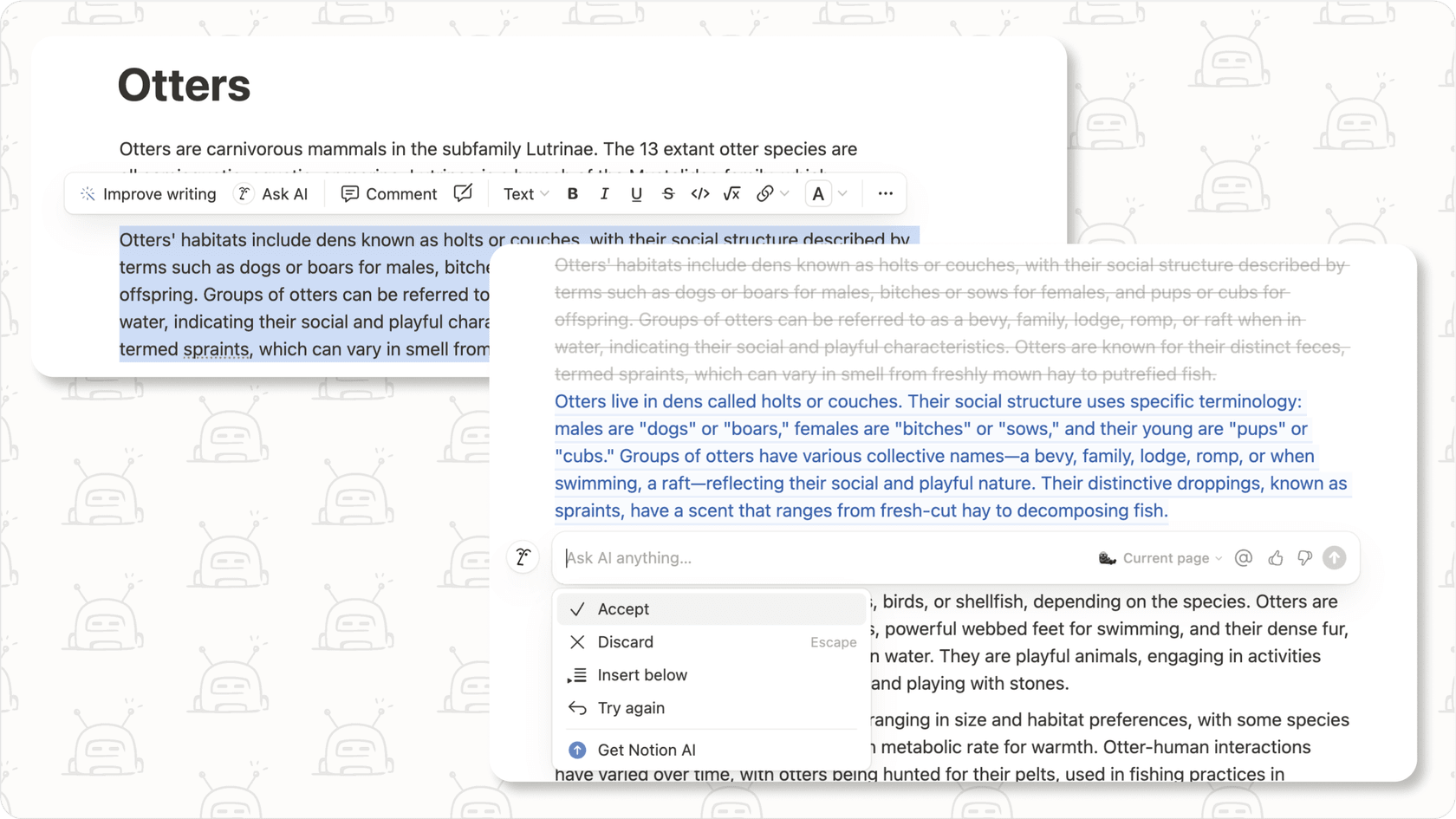 Screenshot showing Notion AI being used within a Notion page to generate or edit text, showcasing its function as a best AI assistant for content.