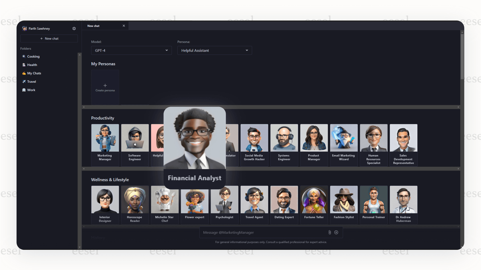 A screenshot showing the custom persona selection feature in Forefront AI to tailor responses.