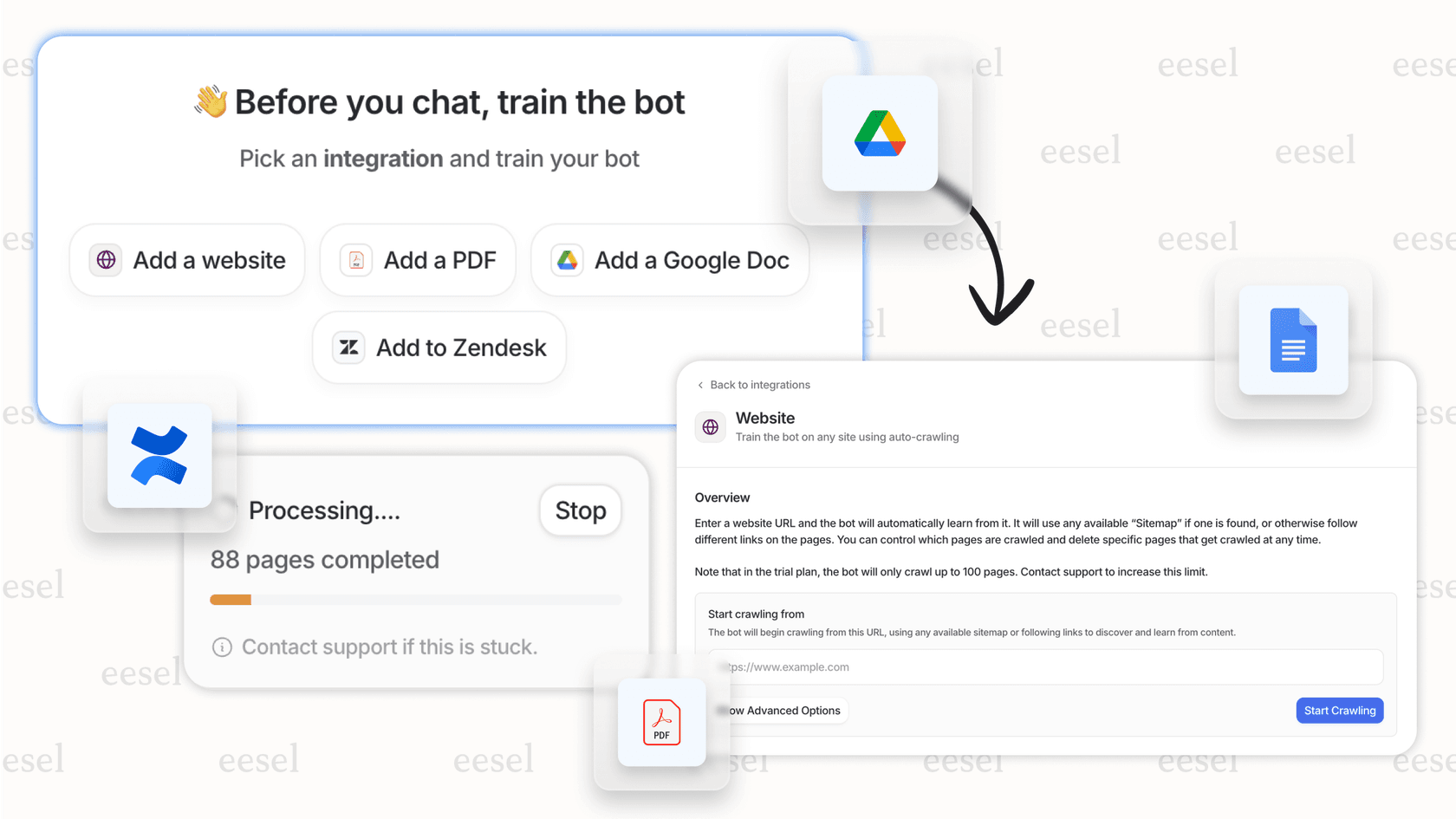 Screenshot showing eesel AI training on historical help desk tickets to provide more accurate answers, a feature that offers better value than complex Sprinklr pricing models.