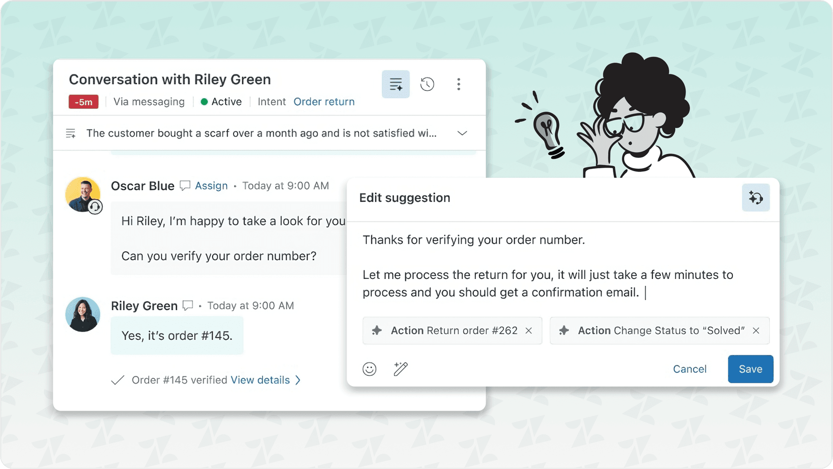Screenshot of the Zendesk Agent Workspace showing Agent Assist suggesting a draft reply, an example of Zendesk AI capabilities helping agents.