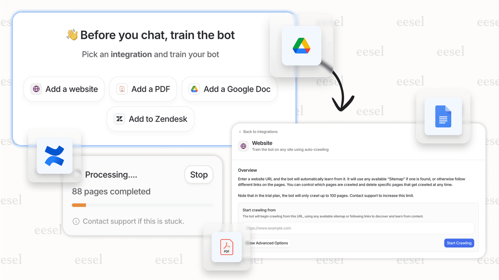 A screenshot contrasting with the complex implementation in our Yellow.ai Overview, showing eesel AI's integrations page with logos for Zendesk, Slack, and Confluence.