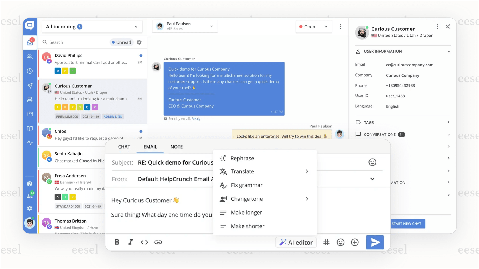 This Helpcrunch overview screenshot shows the AI Editor in the chat window, turning simple agent notes into a complete customer reply.