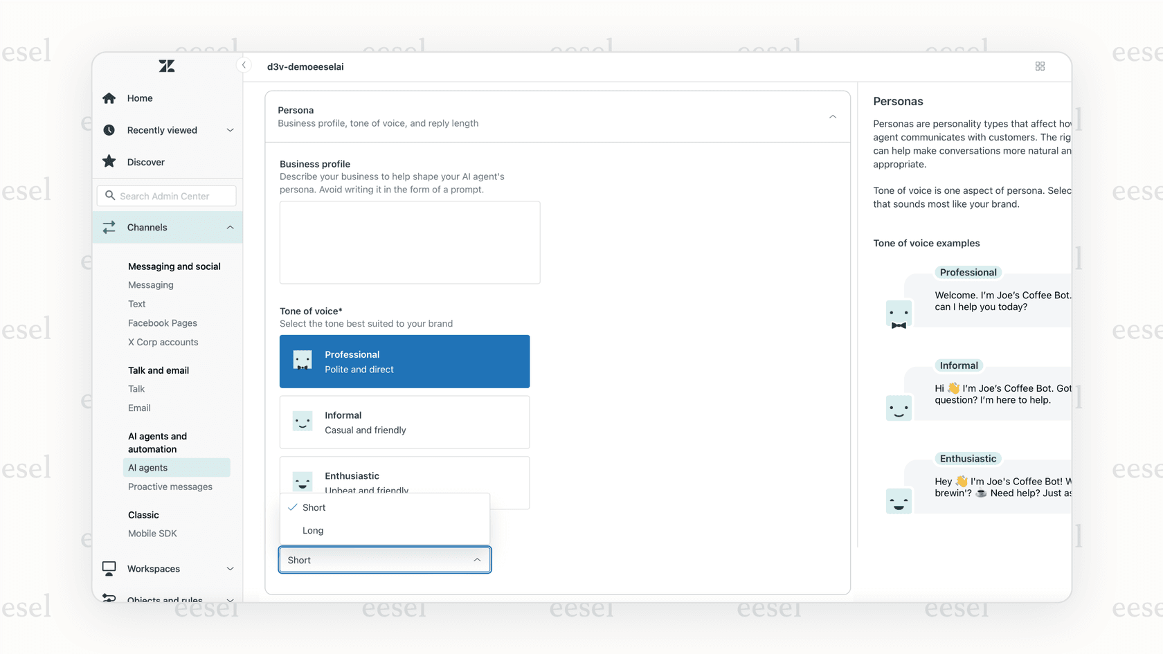A screenshot of the Zendesk AI agent builder interface. It shows a visual flow with blocks for 'Send Message', 'Ask for Details', and 'Branch by Condition', showcasing how non-technical users can build a bot in one of the leading Forethought alternatives.