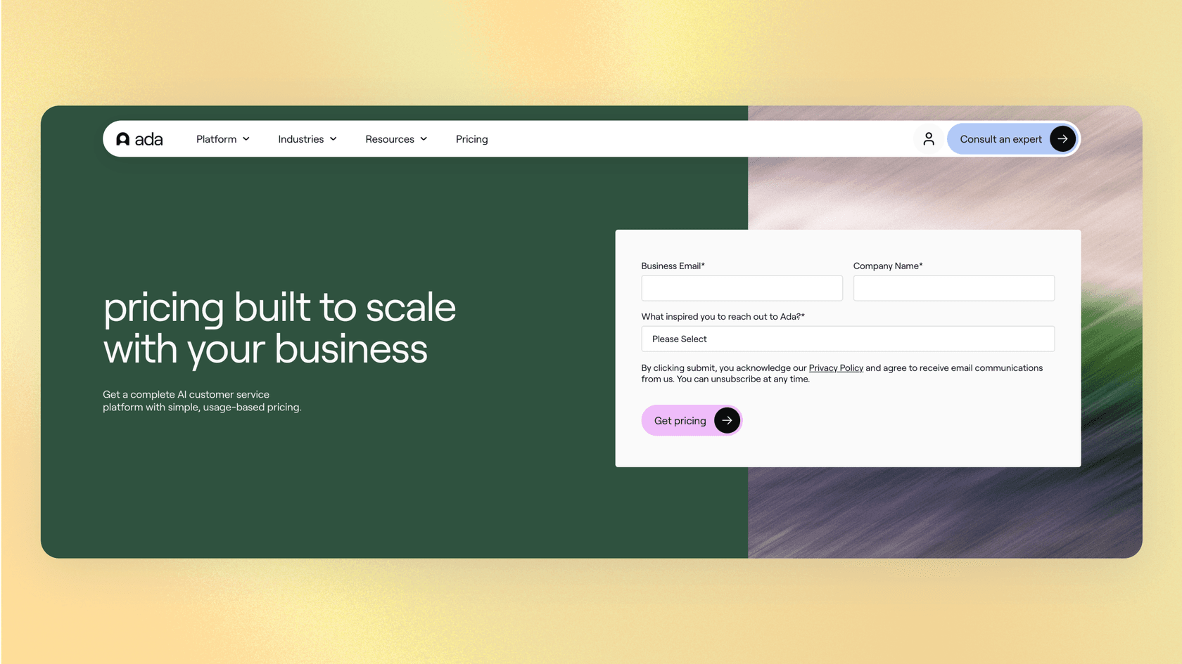 A screenshot of Ada's pricing page, which this Ada CX overview notes is not public, forcing users to contact sales.