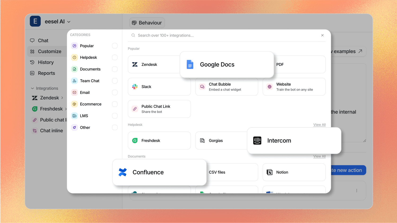 A screenshot of the eesel AI dashboard showing its ability to connect with many platforms, a key differentiator in this Gorgias AI overview.