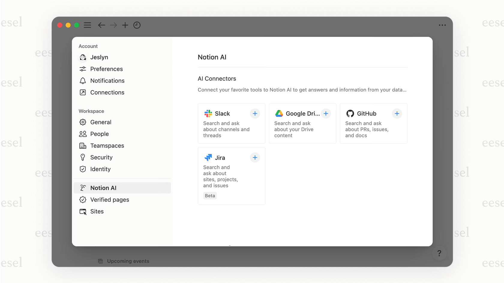 A screenshot of the Notion AI Connectors menu, displaying logos of integrated apps like Slack and Google Drive that the AI can search for information.