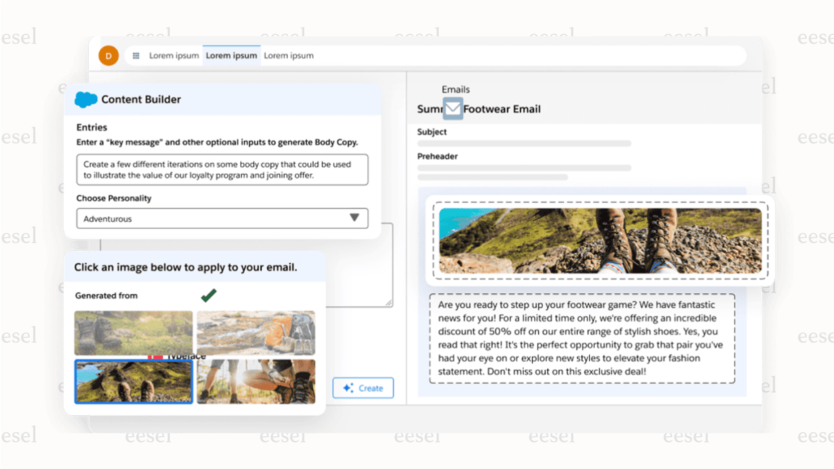 A screenshot from Sales Cloud showing a personalized outreach email drafted by Salesforce AI to save a sales rep time.
