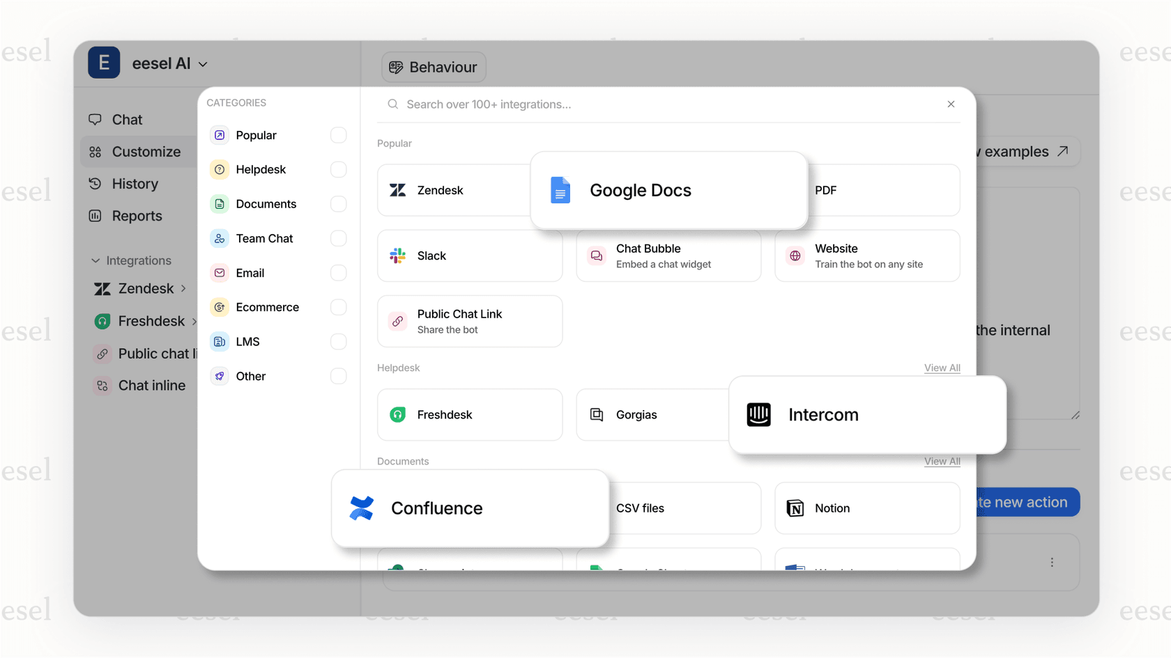 Screenshot of the eesel dashboard demonstrating how to connect knowledge sources to create a more powerful Google Docs AI.
