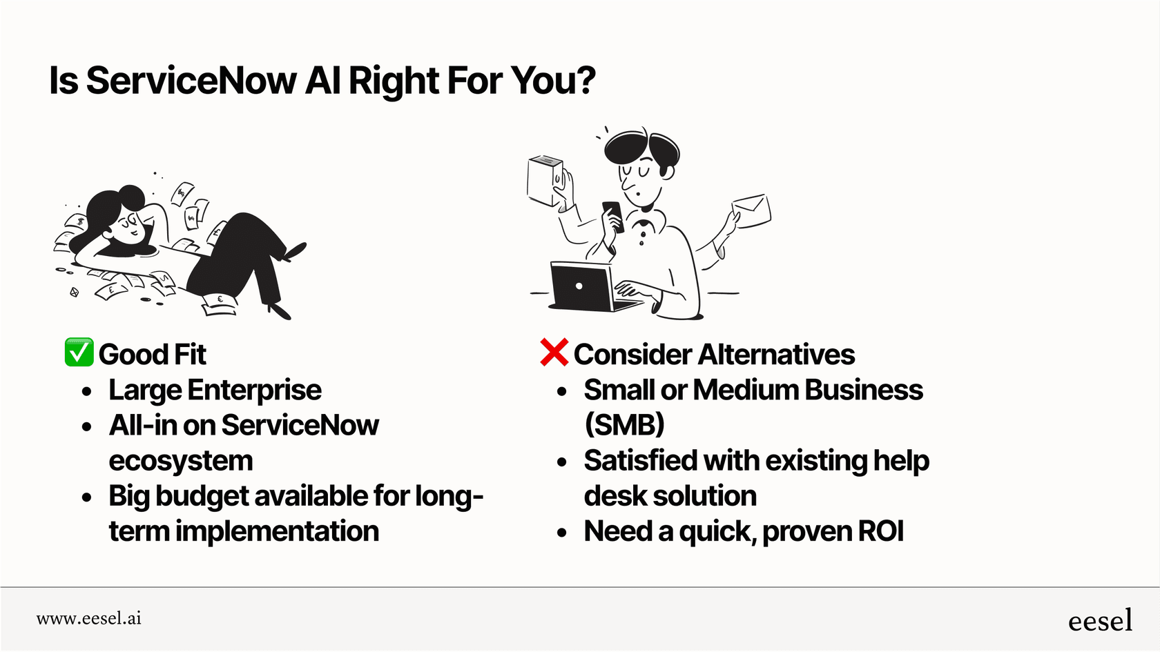 An infographic summarizing the key decision points for choosing Servicenow AI versus a more flexible alternative.