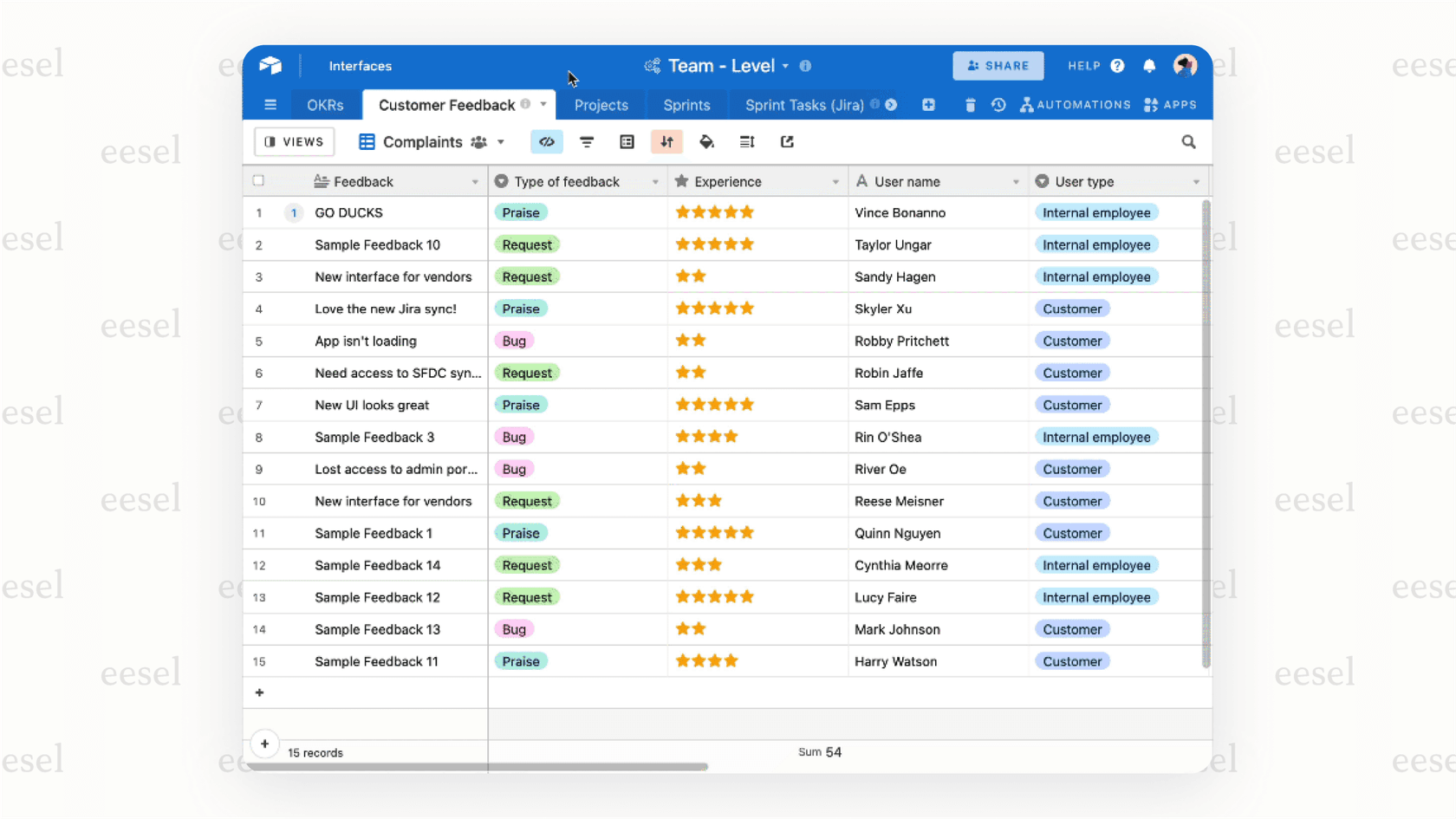 An Airtable base showing how the Airtable AI "AI Field" can automatically analyze text and categorize it, for example, by labeling customer feedback with a sentiment.