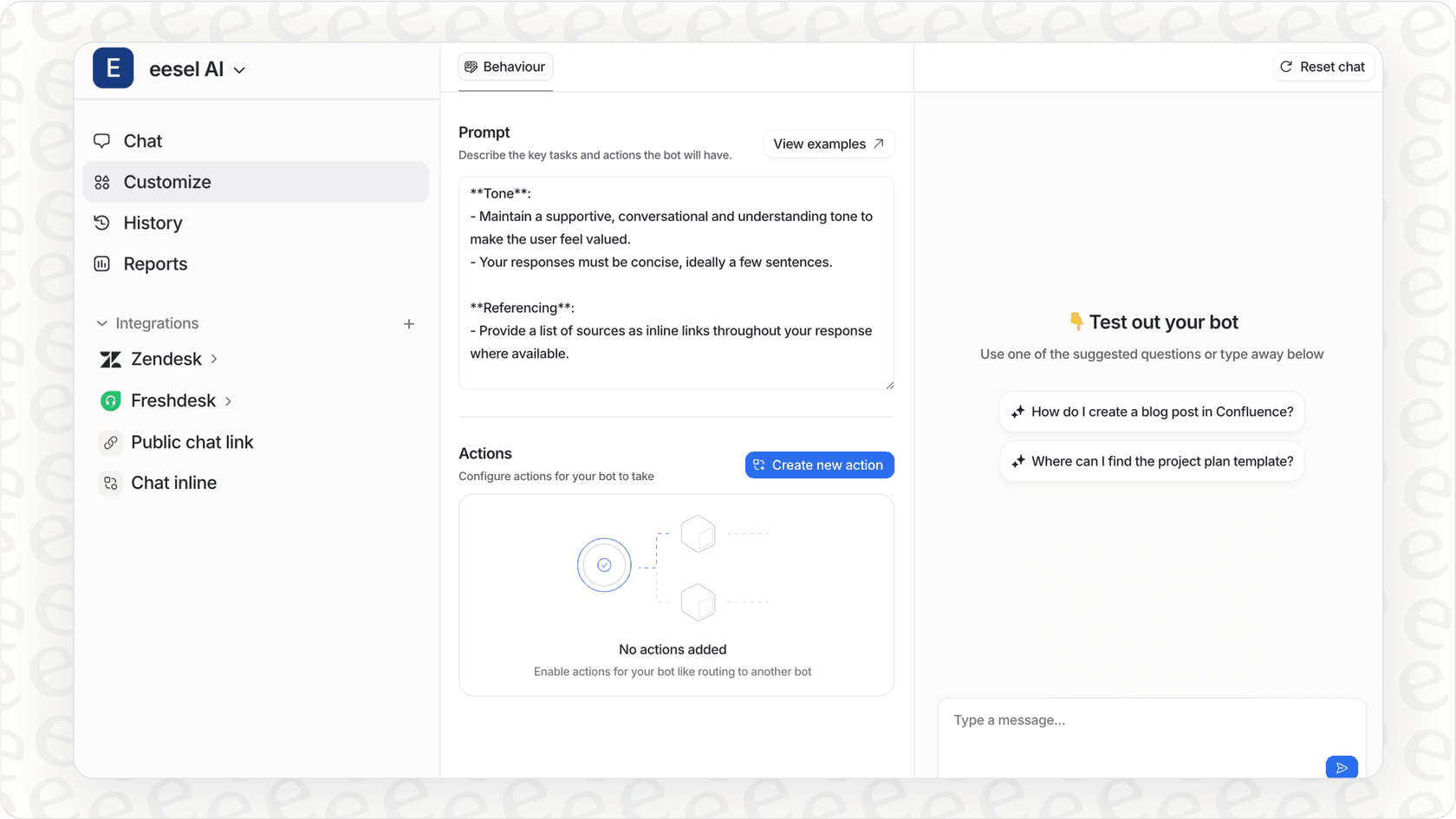 Screenshot of eesel AI configuration interface for setting up a contact center AI agent.