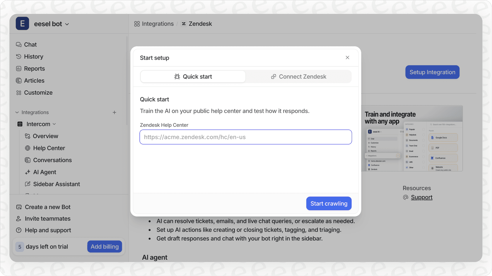 eesel AI dashboard showing destination integrations and options for setting up custom API actions for conversational AI workflows.
