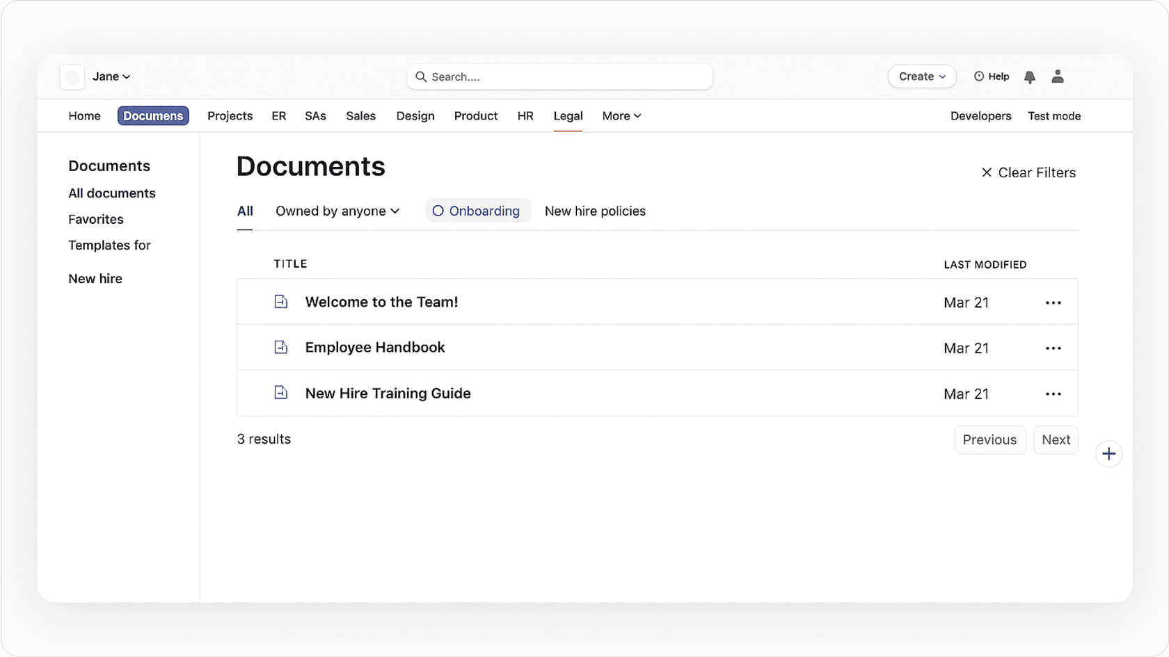 Image of internal search results filtered for new employee onboarding resources.