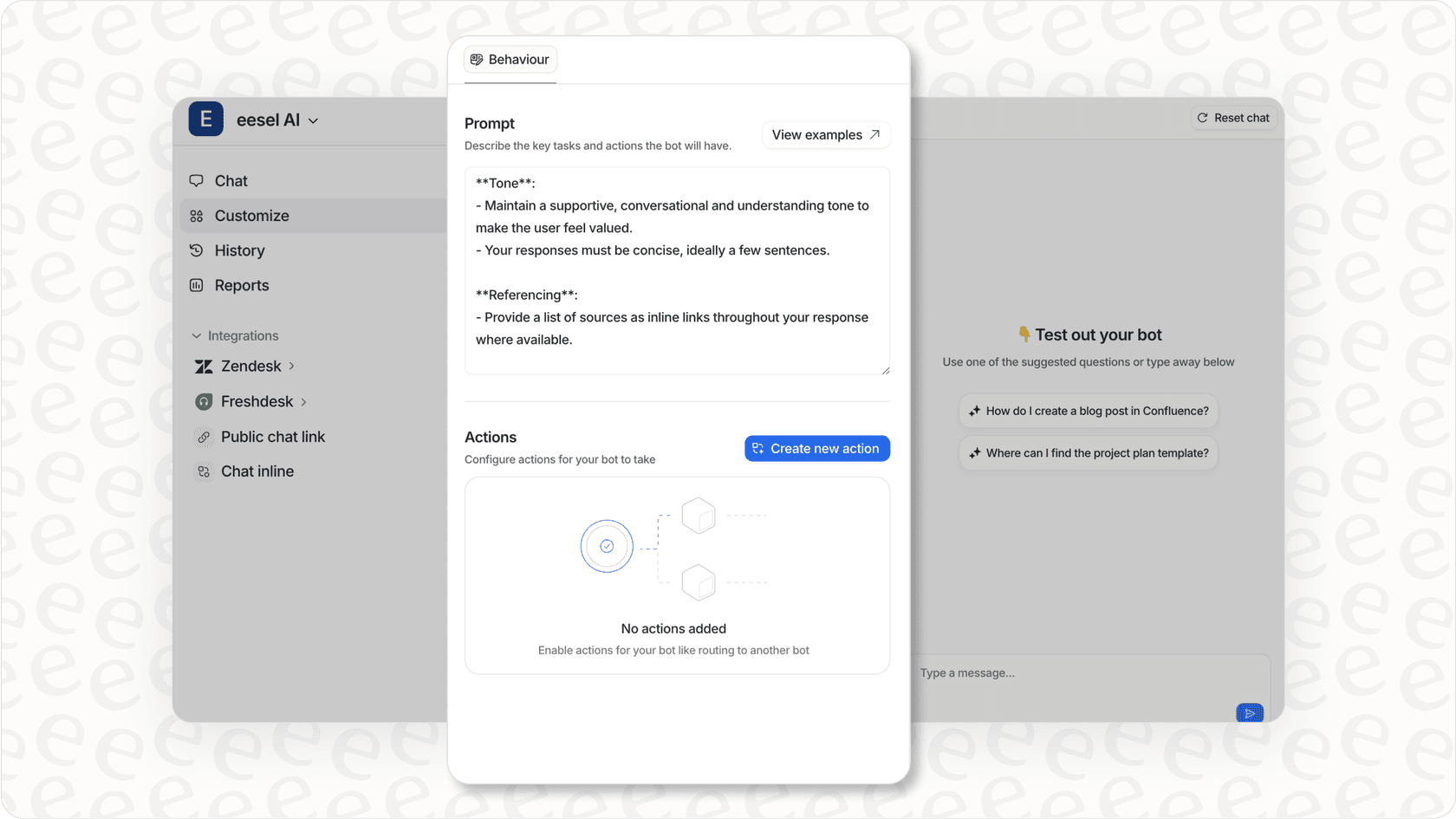 eesel AI interface for configuring AI shopping assistant personality, actions, and workflows.