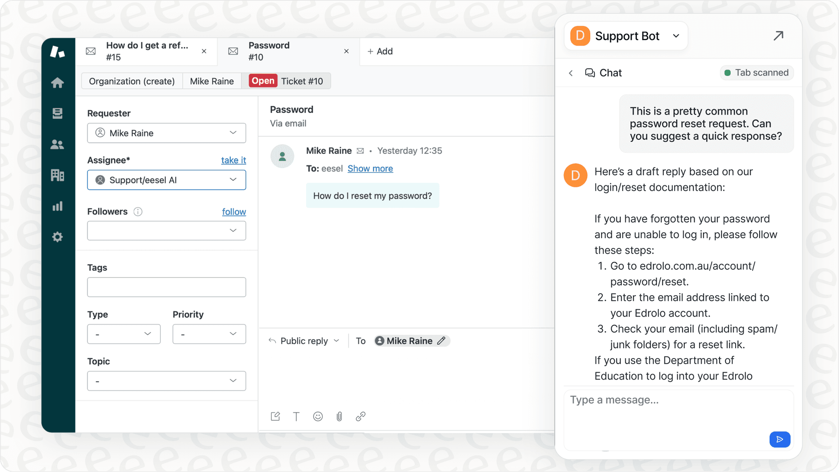 Screenshot of the eesel AI browser extension (Copilot) assisting a human agent within a helpdesk interface, demonstrating the AI Assistant feature as an alternative to full automation like Sierra AI.