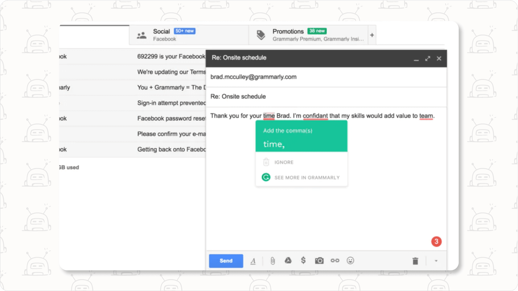 Screenshot showing Grammarly suggestions within a document or email, highlighting its capabilities as a best AI assistant for writing. 