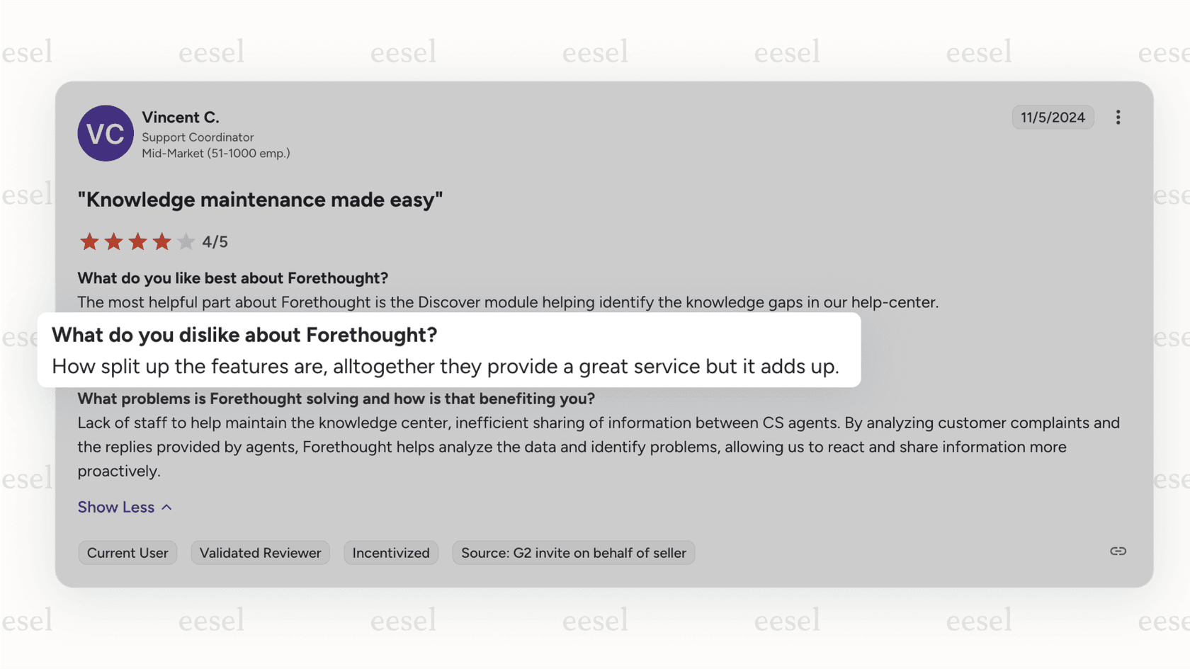 A screenshot of a G2 review for Forethought with the "What do you dislike?" section highlighted, showing a user commenting on the expensive, non-transparent pricing model.