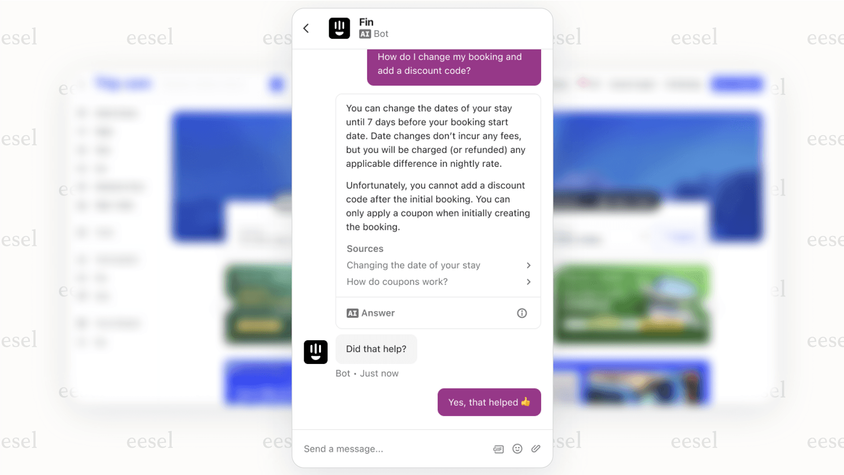 A screenshot of the Intercom messenger on a website. The AI chatbot, Fin, is answering a user's question about product features, demonstrating the conversational nature of some Forethought alternatives.