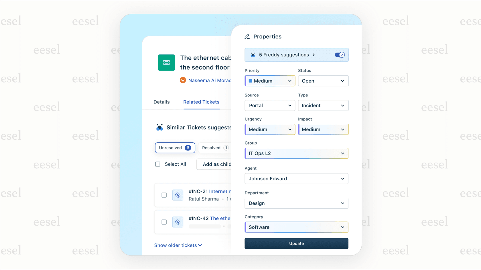 The Freshdesk agent view with Freddy AI providing intelligent suggestions, demonstrating a key capability for anyone comparing Helpcrunch alternatives.
