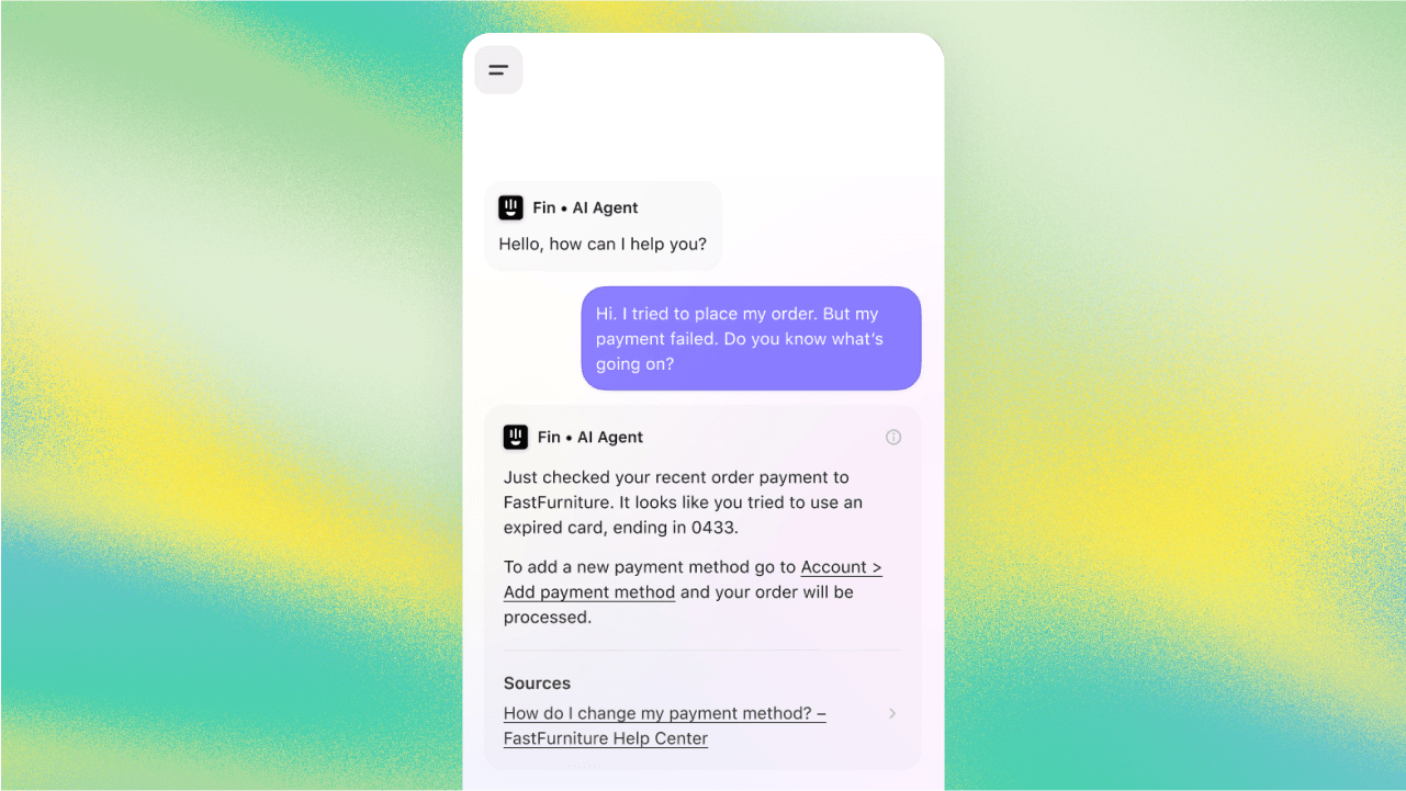 A screenshot of the Intercom chat widget on a website. Inside the chat, the Fin AI bot is providing an instant answer to a customer's question about shipping policies, illustrating how native Sierra alternatives work within their ecosystem.