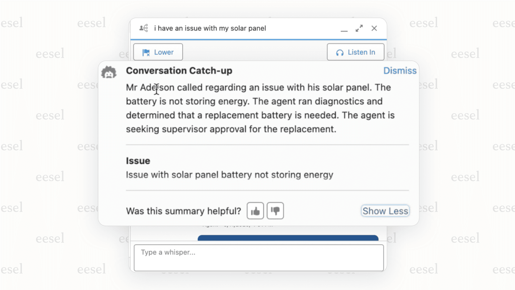 A screenshot from Service Cloud showing how Salesforce AI creates a concise summary of a long customer support case.