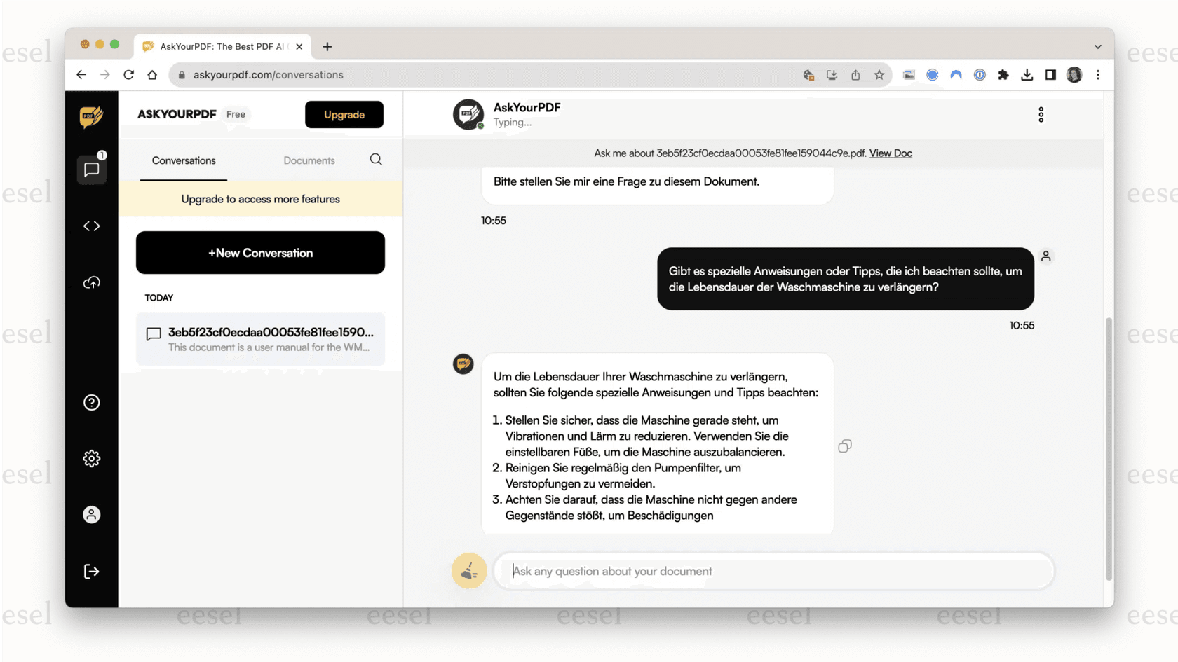 A screenshot of the AskYourPDF tool showing the PDF ability to answer the user based on a file and on various languages.