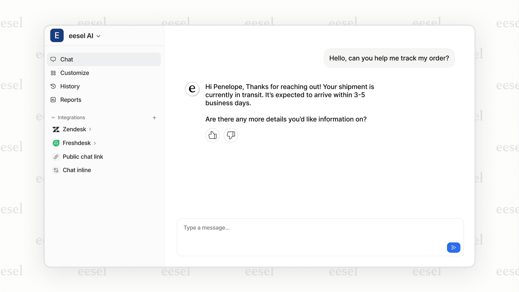 A screenshot of the eesel AI interface, a flexible alternative to Rovo, highlighting its ability to integrate with over 100 applications.