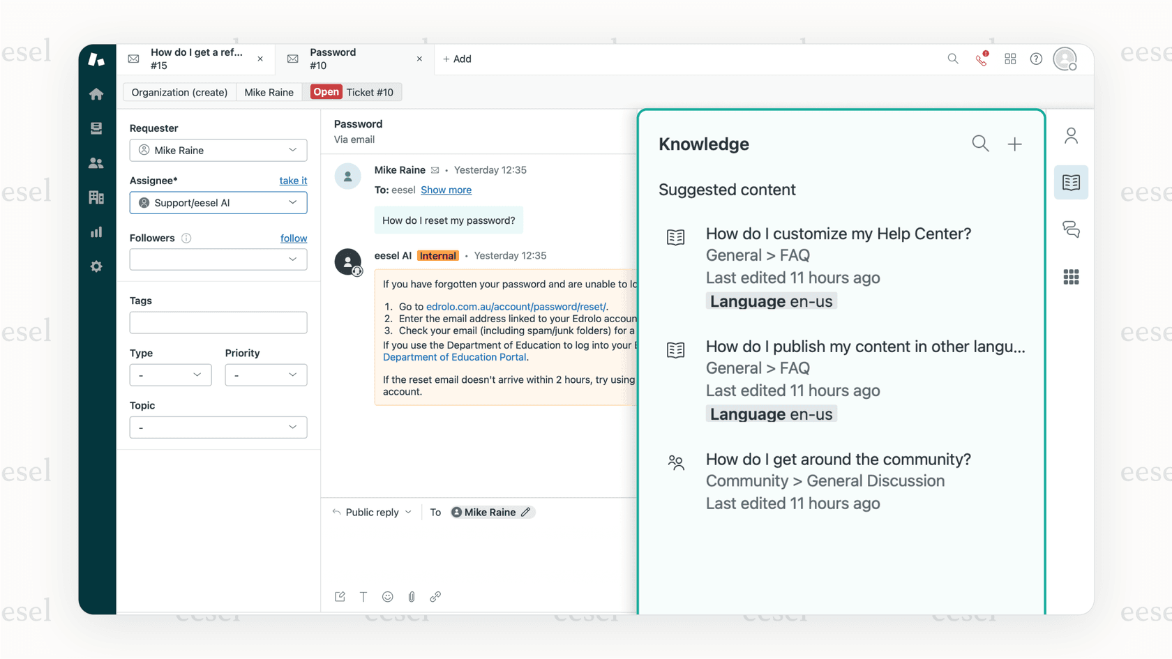 A screenshot of an AI copilot that uses knowledge from Google Docs and other wikis to draft an accurate response inside Zendesk.