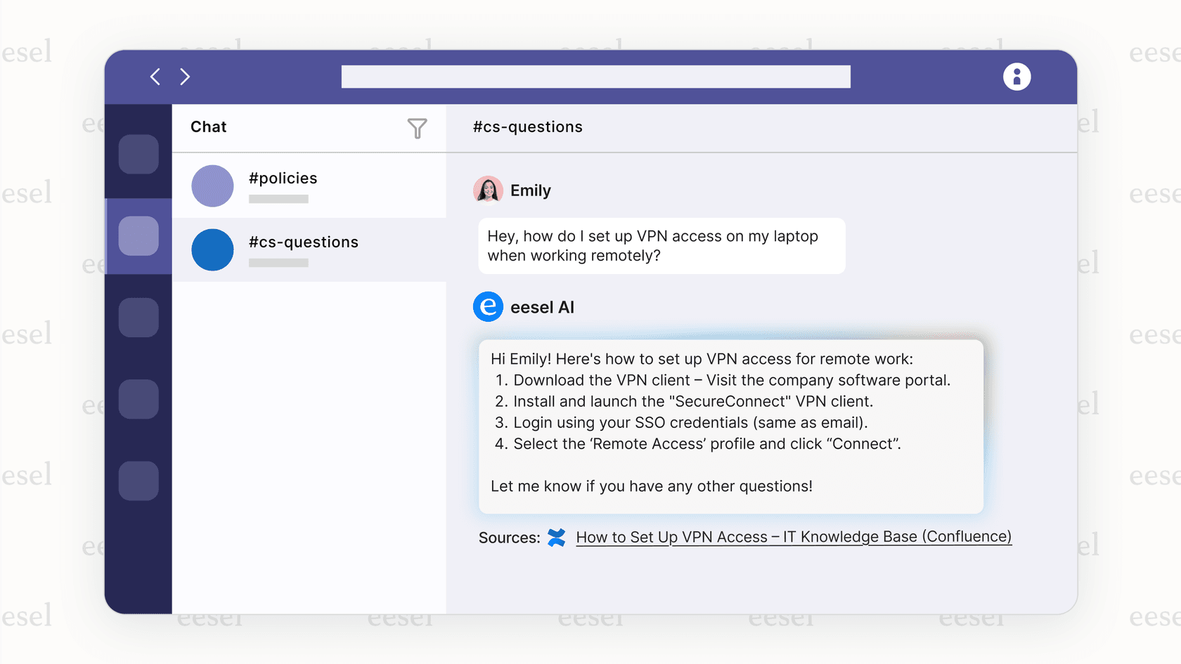 A screenshot showing a third-party AI bot integrated into a Teams channel providing a specific answer from Confluence, showcasing functionality beyond native Microsoft Teams ai.