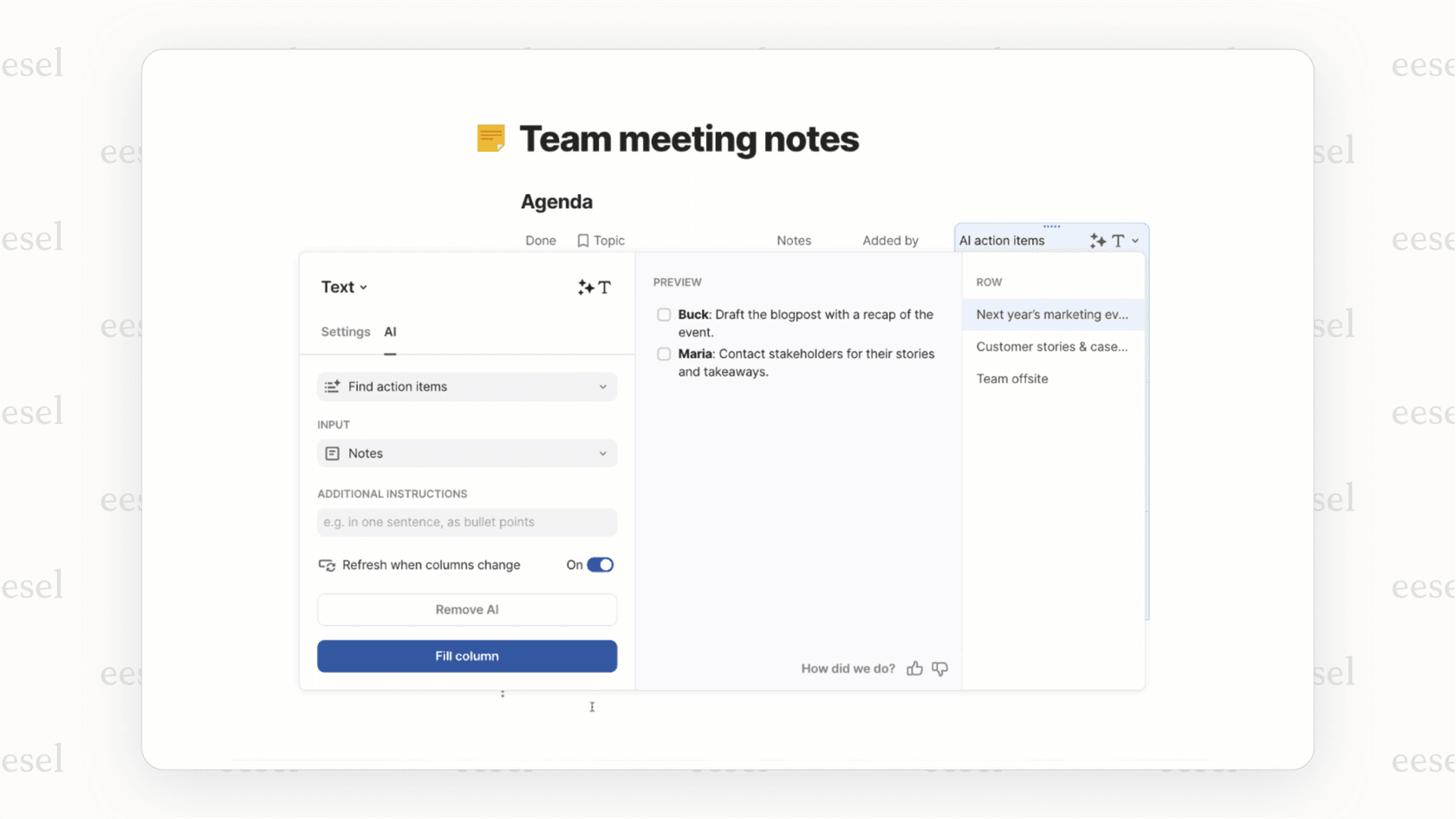 Screenshot of using Coda ai to transform raw meeting notes into a structured summary with action items.