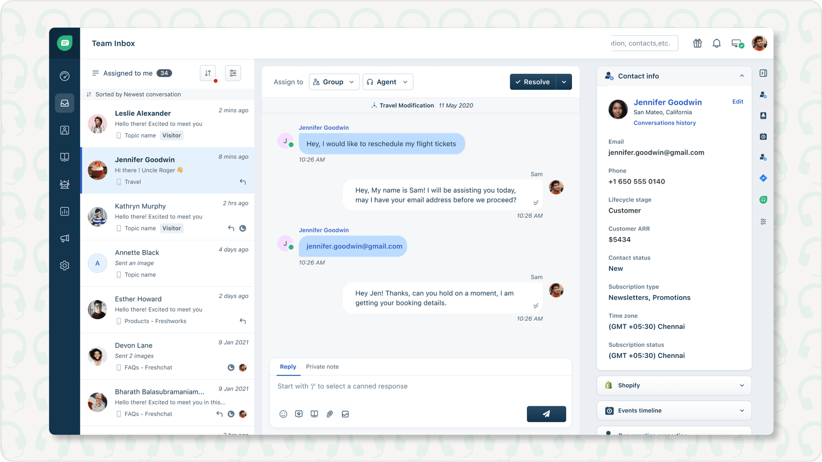 Screenshot of the Freshdesk agent interface, showing the layout for managing customer service tickets.