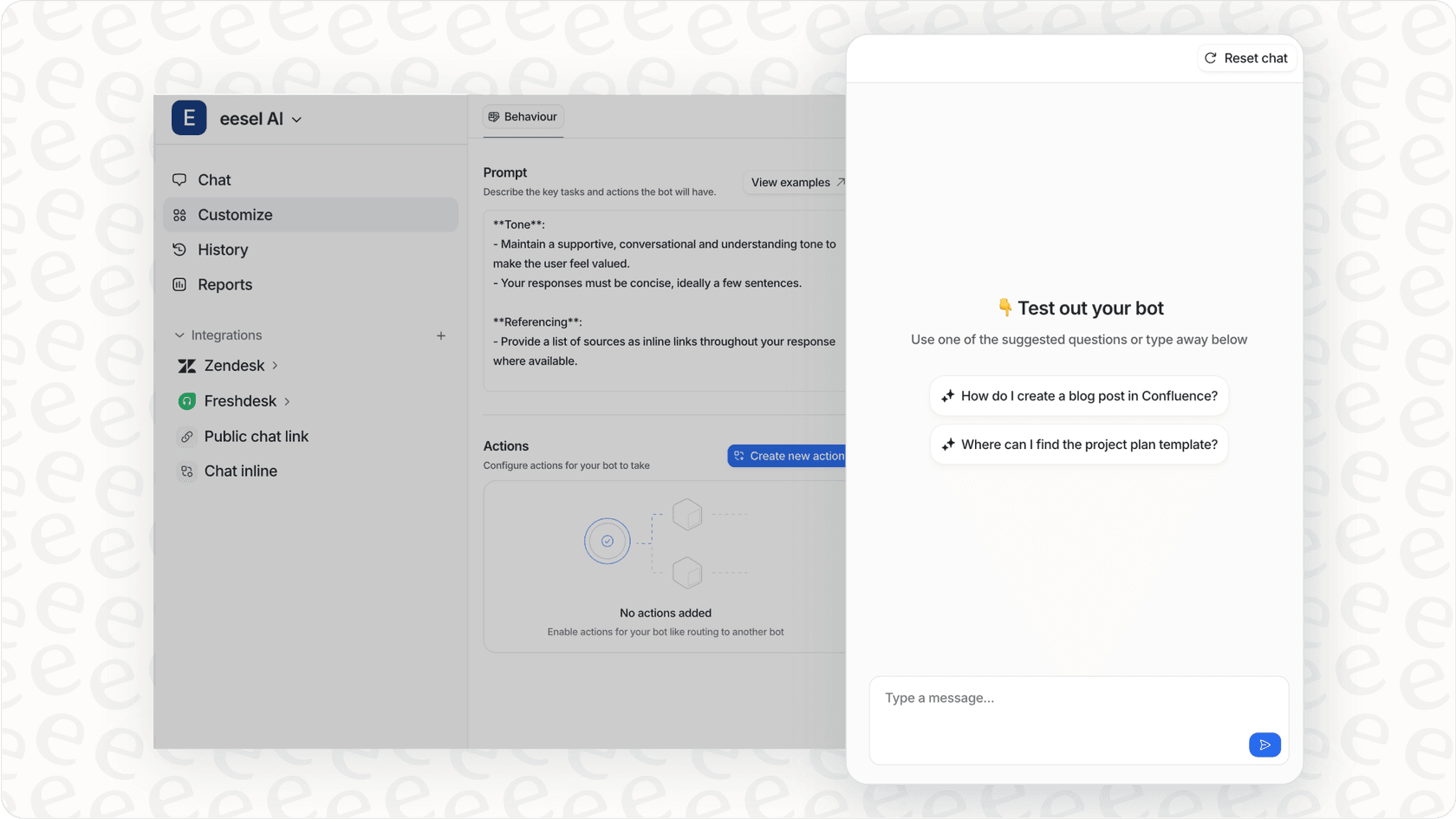eesel AI simulation or testing interface within the dashboard, showing a conversation test with the conversational AI agent.