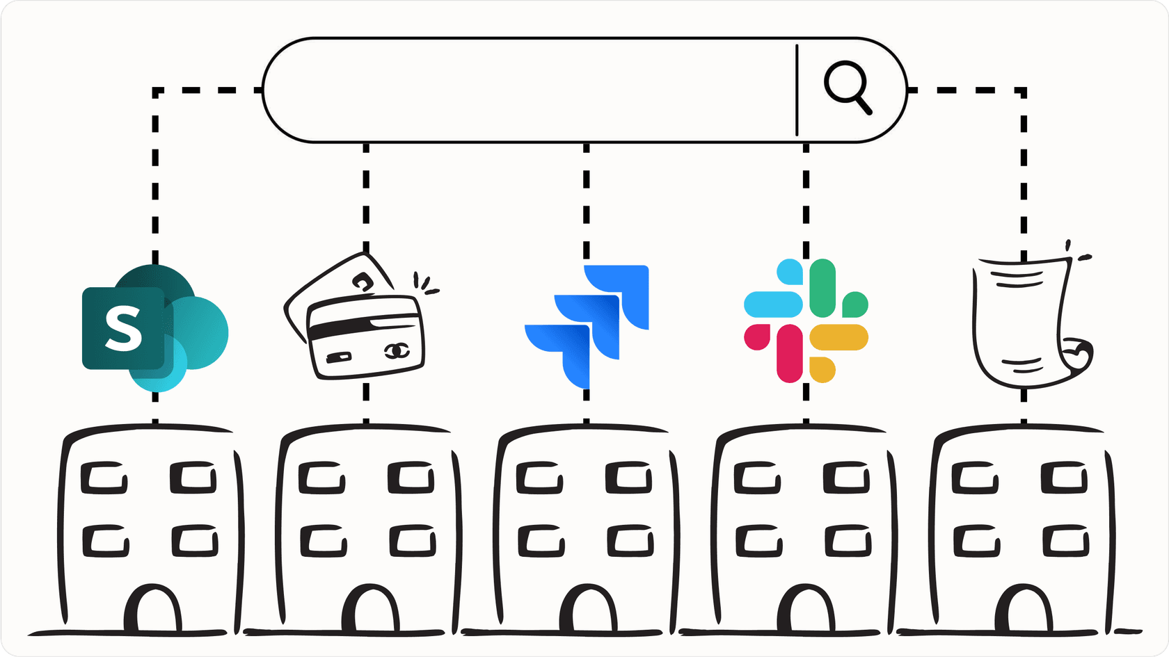 Visual representation of data silos being connected by a unified internal search platform.