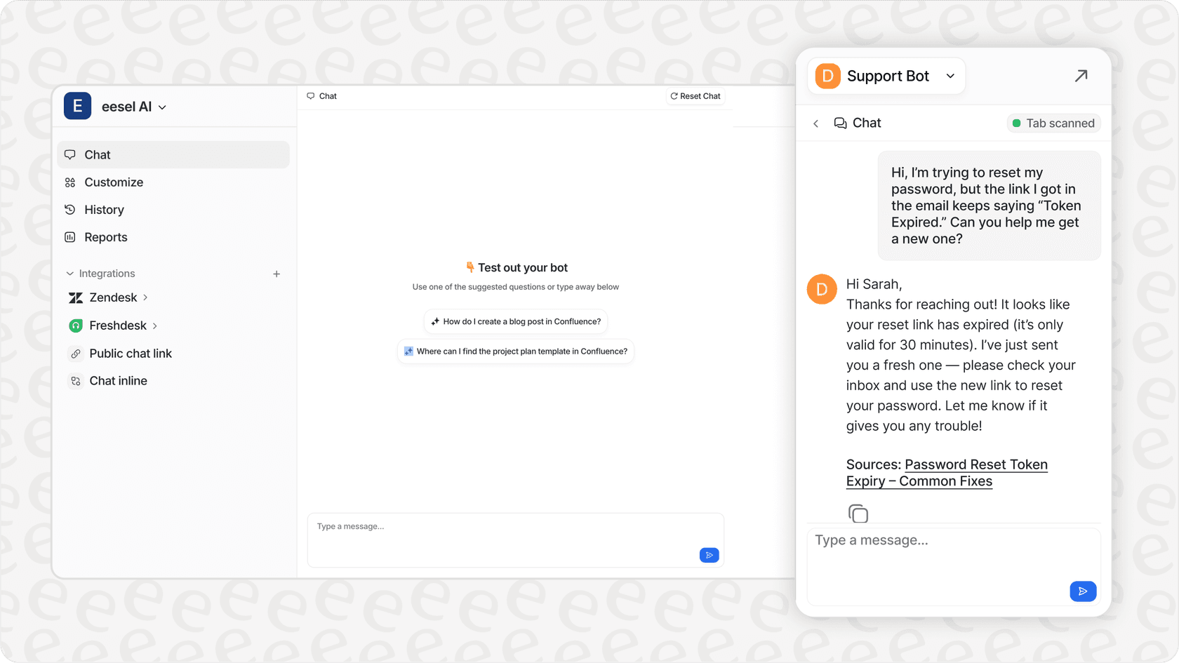 Screenshot of the eesel AI dashboard showing features for AI assistant and AI Agent in customer support.
