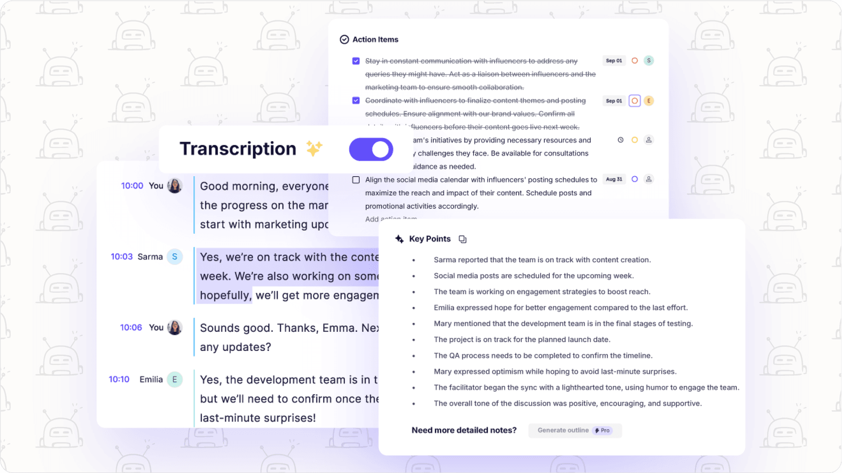 Screenshot of Krisp's meeting assistant interface, showing transcription features.