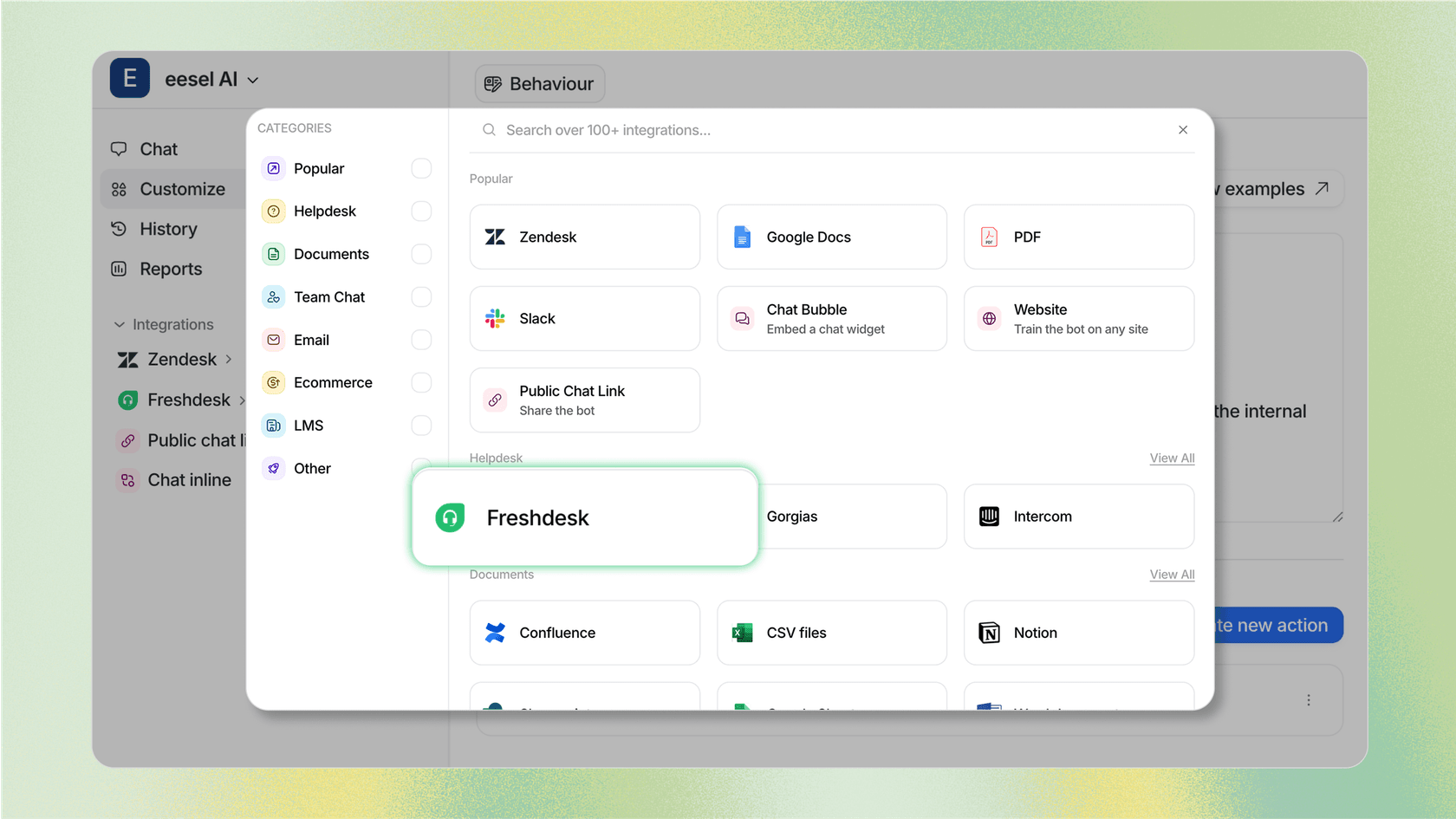 A screenshot of the eesel AI platform connected to a Freshdesk account, demonstrating how it unifies knowledge from external sources to improve Freshdesk AI capabilities.