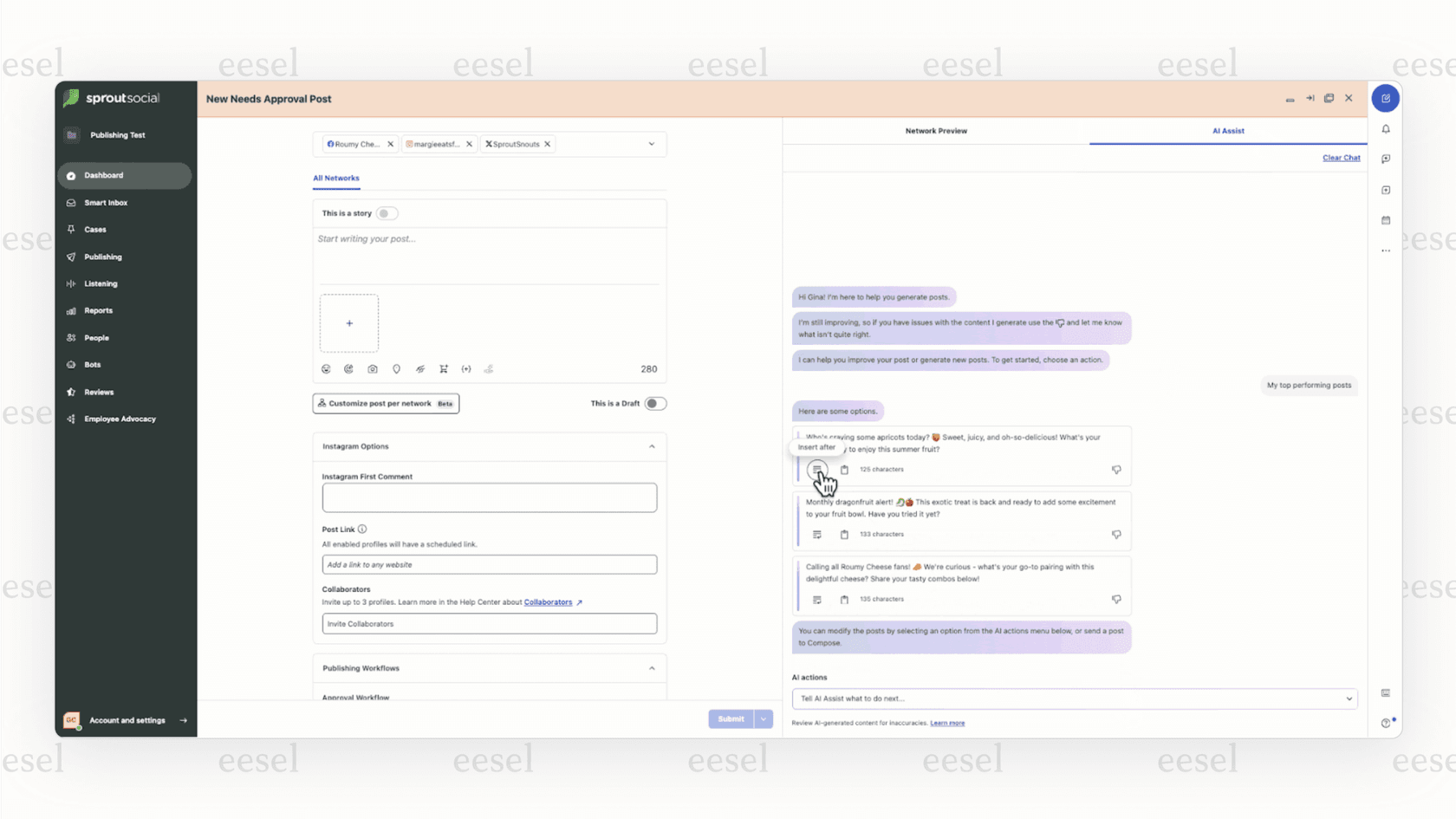 A screenshot of the Sprout Social platform, a specialized Sprinklr alternative for social media, showing its AI tool suggesting several caption options for a new post.