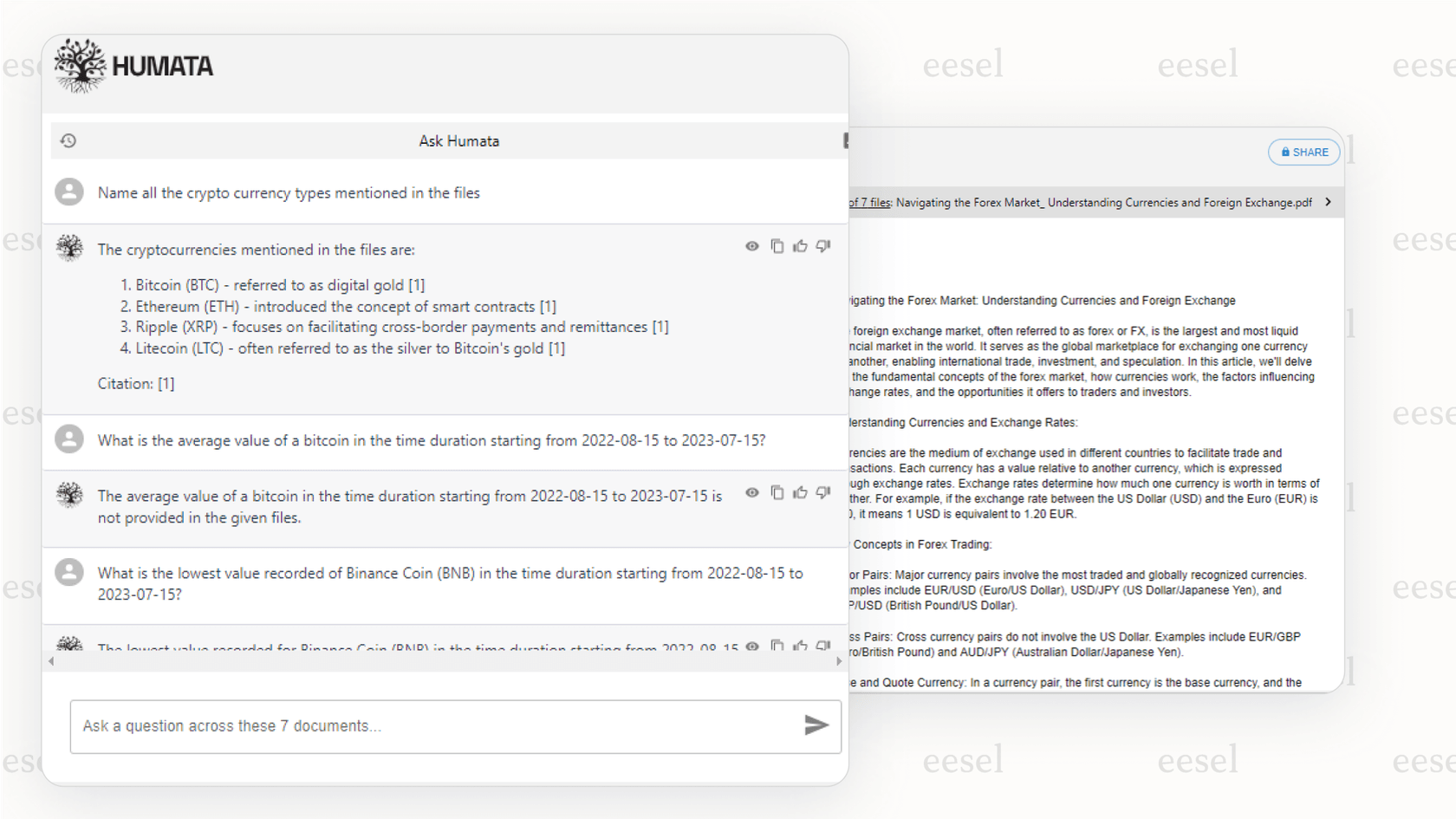 A screenshot of Humata AI's interface demonstrating its ability as a PDF AI tool to cite sources from several different documents in a single answer.