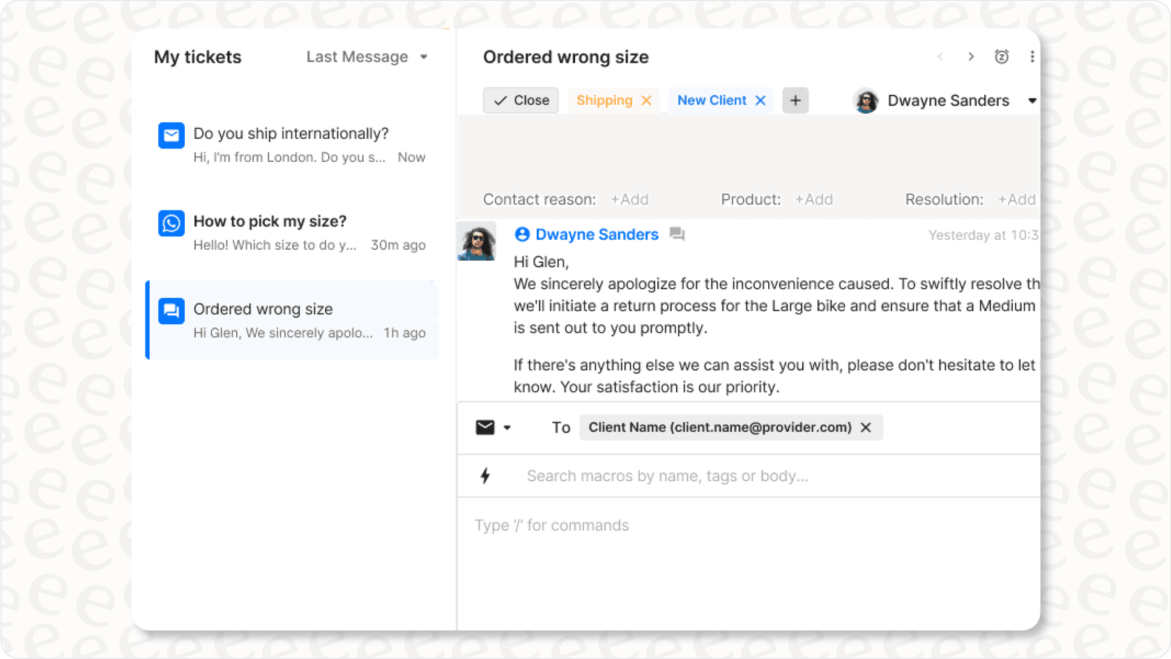 Screenshot of the Zoho Desk dashboard, showing the layout for managing customer service interactions.