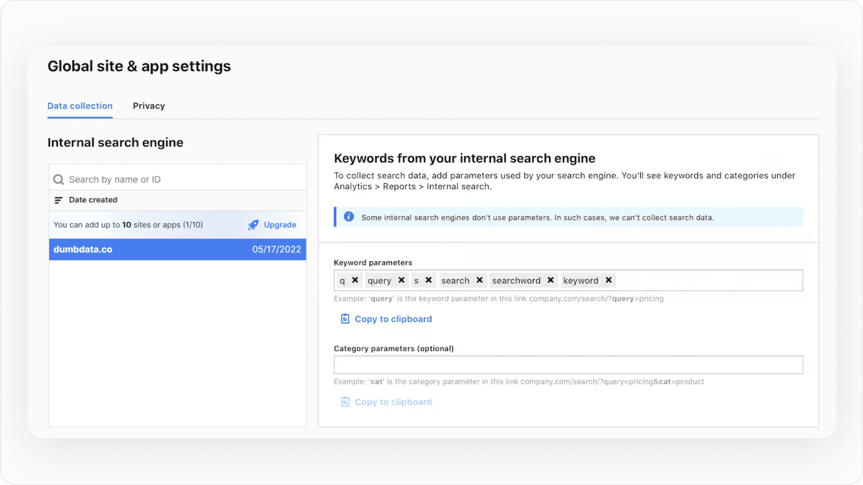 Configuration screen for an internal search system showing integration options.