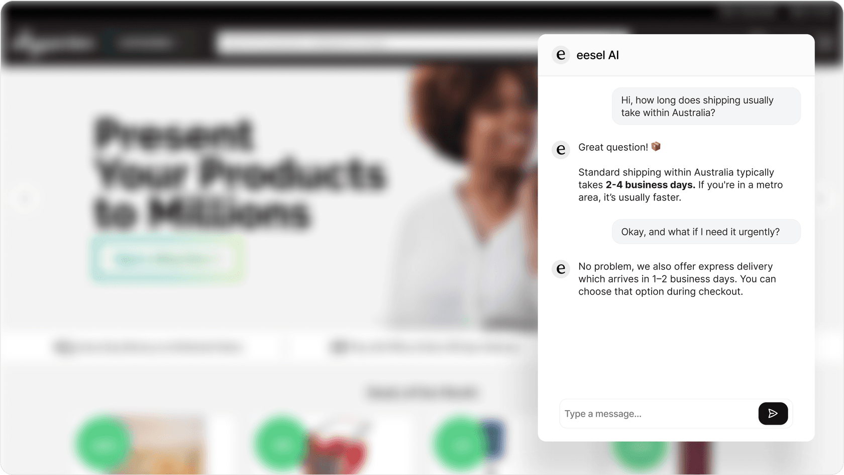 Screenshot of a website chat widget powered by AI, demonstrating customer service automation AI assistant capabilities.