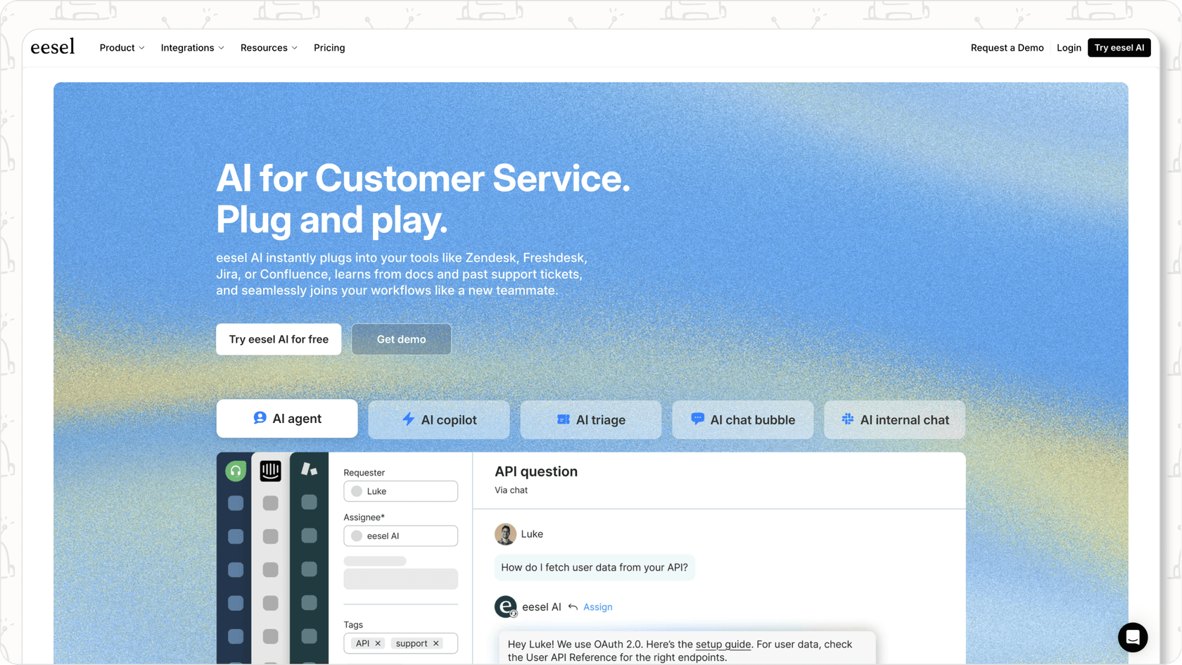 eesel AI website homepage inviting users to start a free trial for a business AI personal assistant.