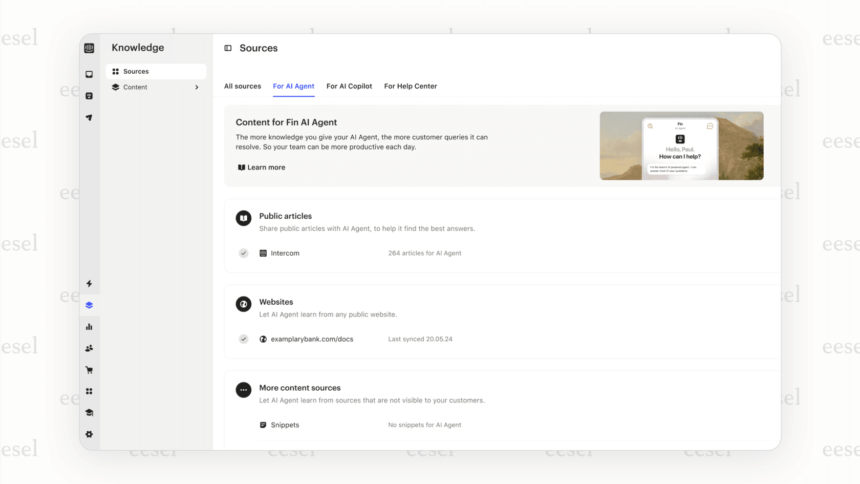 The setup screen for Fin within the Intercom platform, showcasing the easy integration that makes it one of the most seamless Decagon alternatives for existing Intercom users.