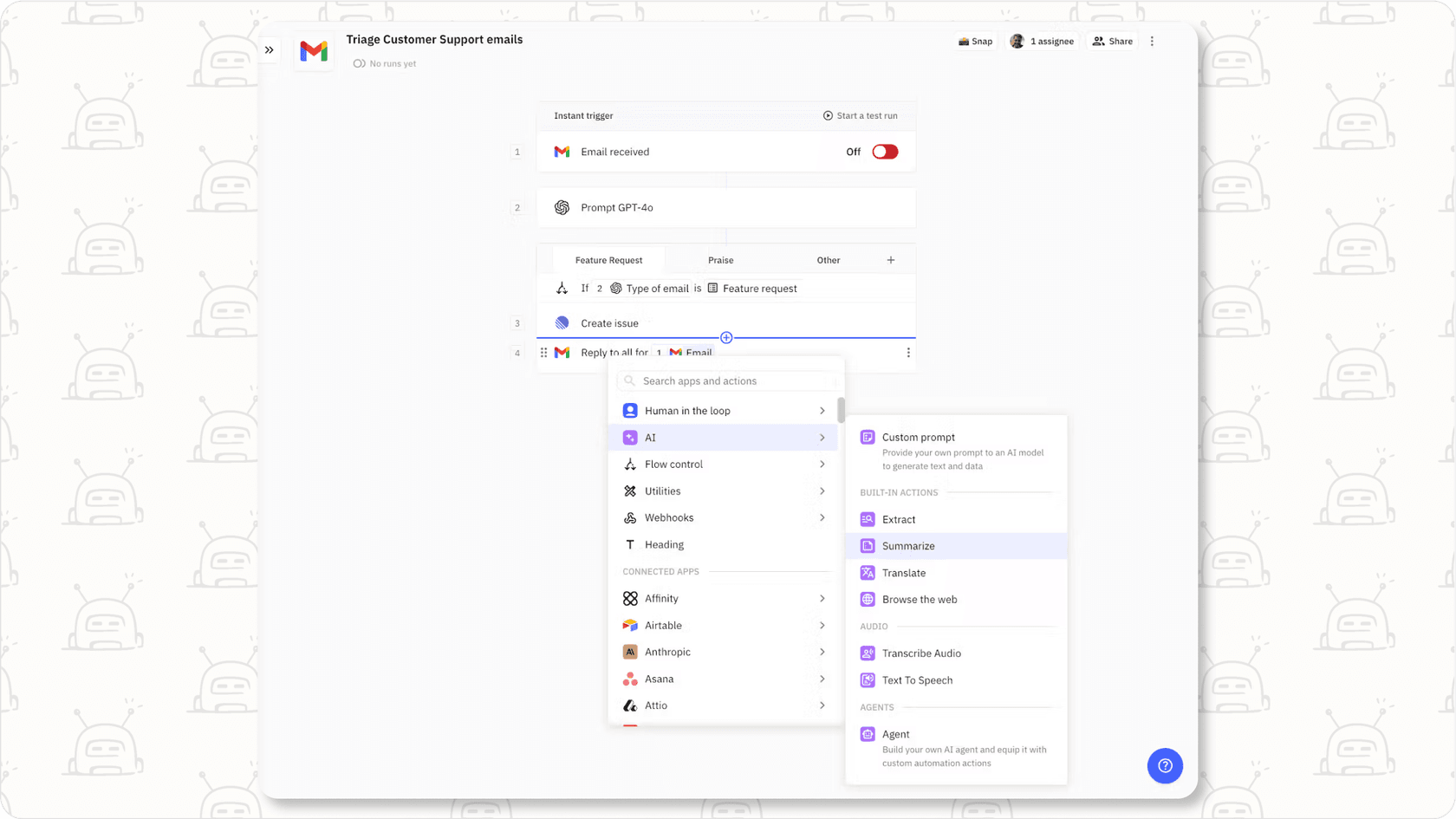  Screenshot of the Lindy AI platform interface used for building custom AI assistants, showcasing its flexibility for complex tasks