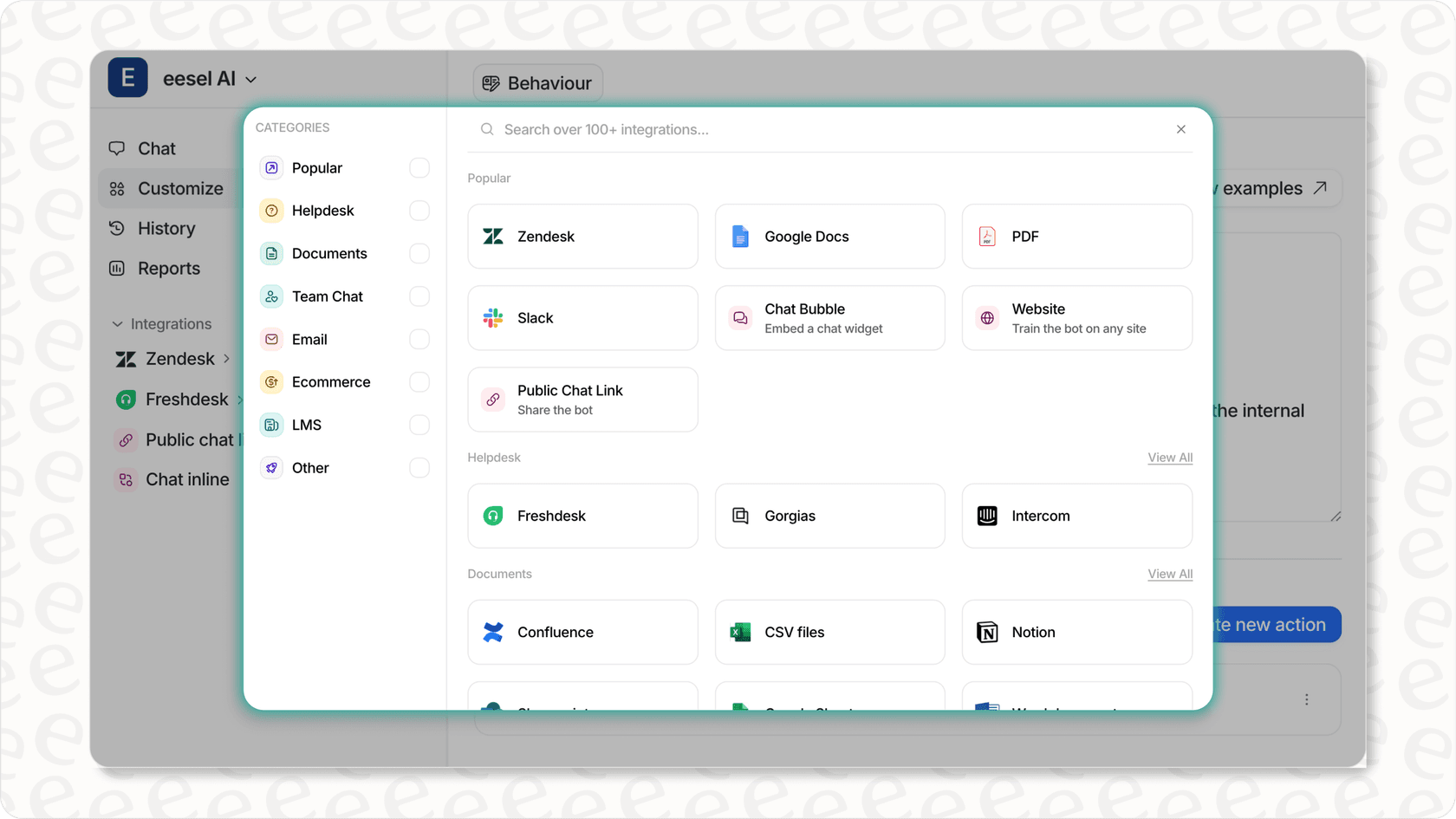 Screenshot of eesel AI's integration options, showing connections to popular helpdesks and knowledge bases, highlighting its compatibility as a best AI assistant. 